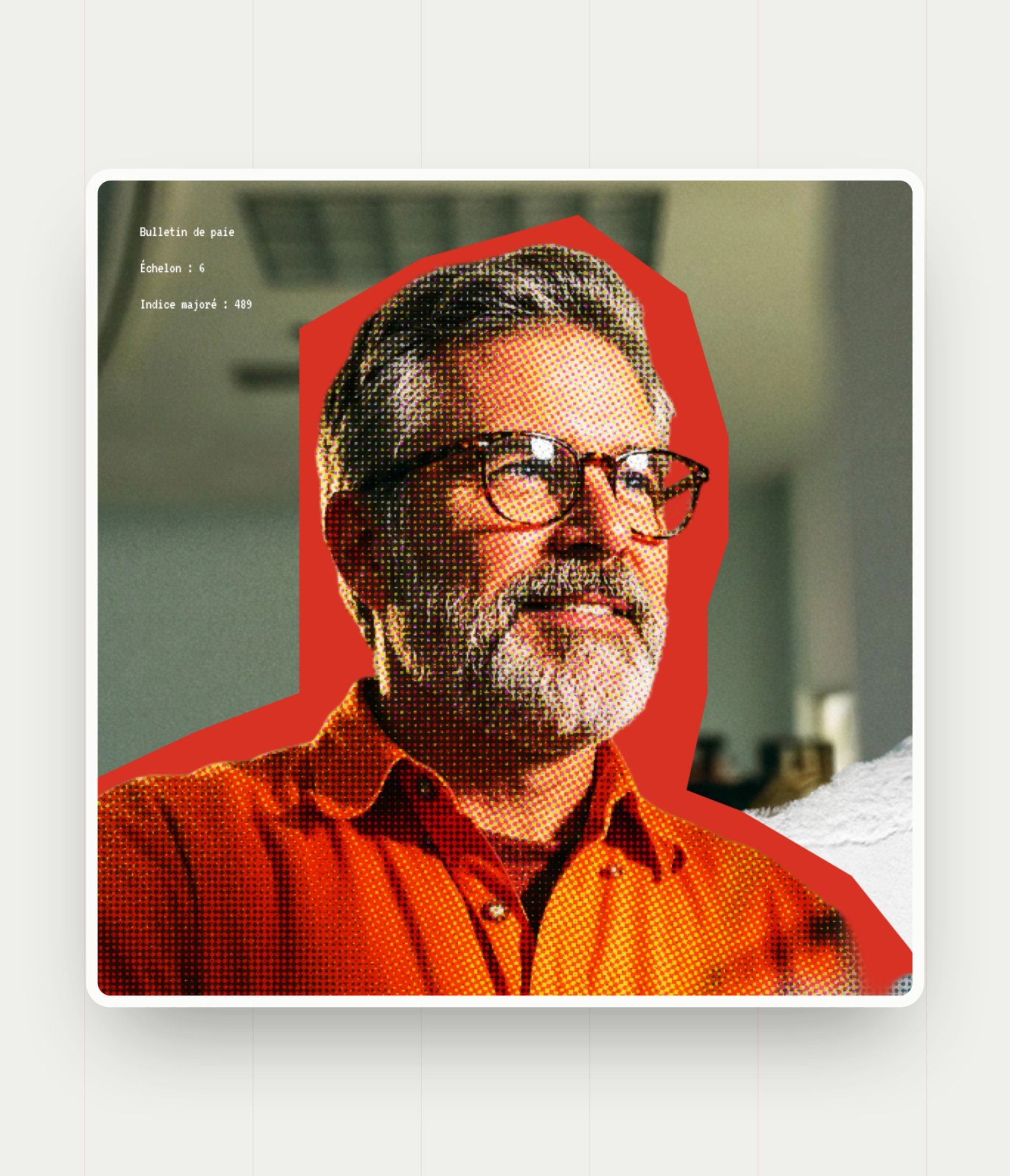 Portrait of a staff member cut out by hand and outlined in red, at the top of the My benefits page