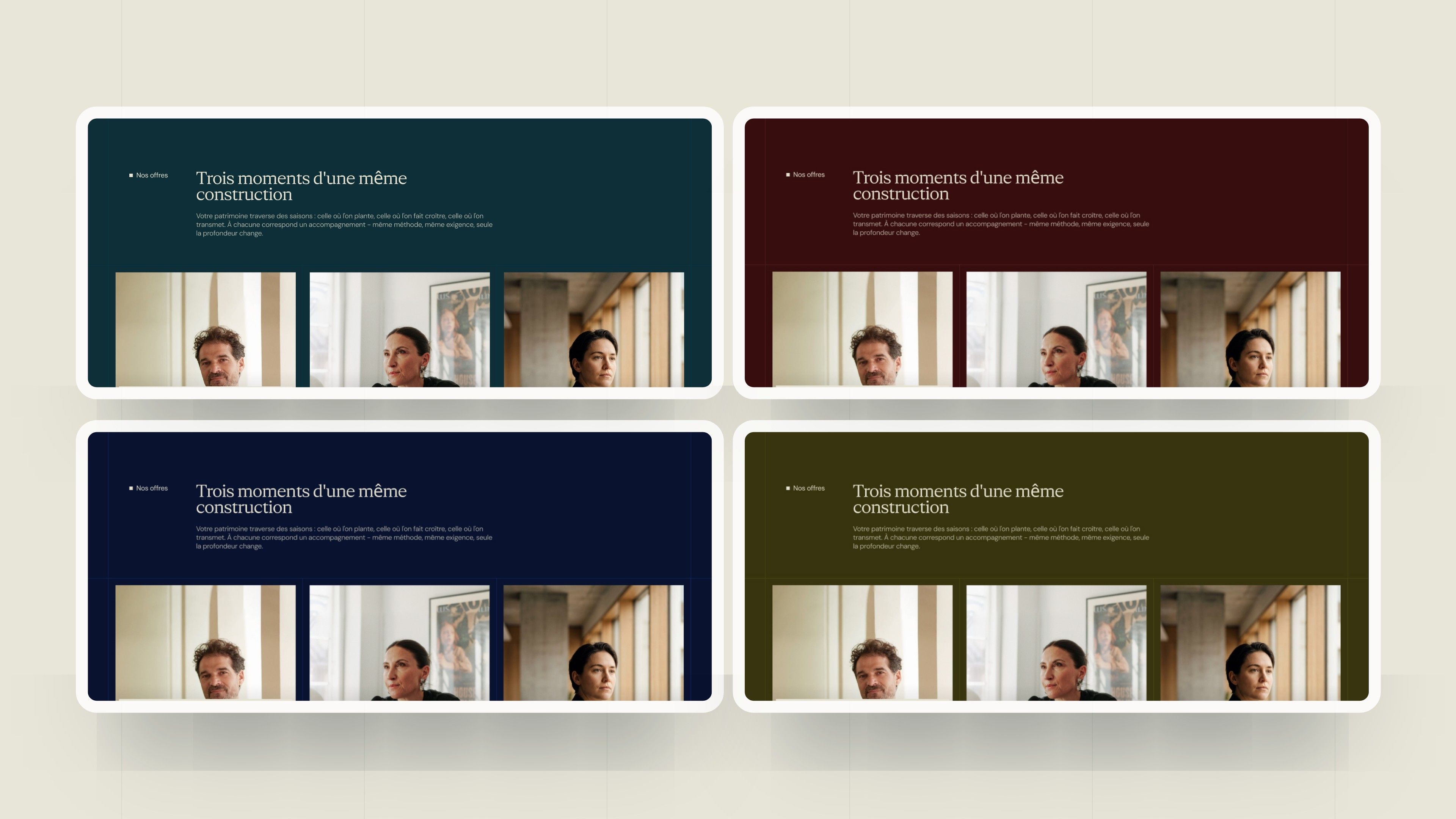 The crest direction in four tones: petrol blue, burgundy, navy and olive