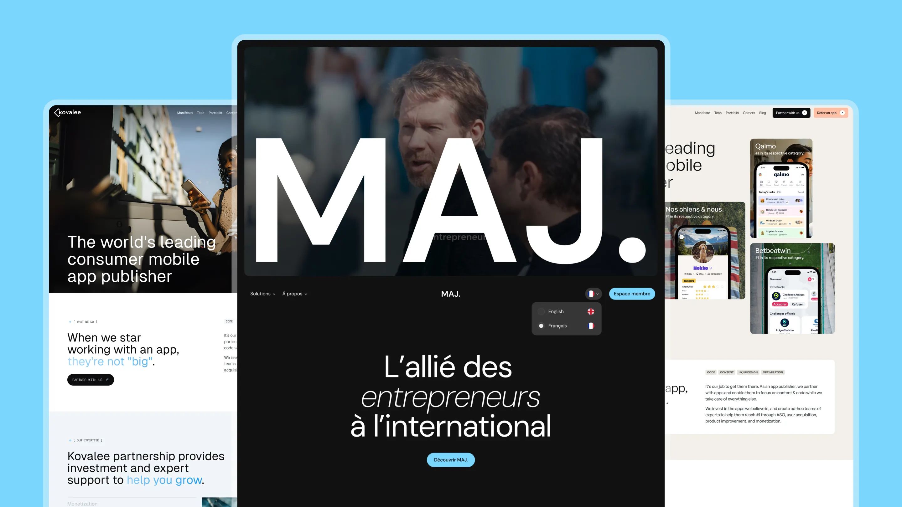 Black and white MAJ website mockups with giant logo and the headline "L'allié des entrepreneurs à l'international"