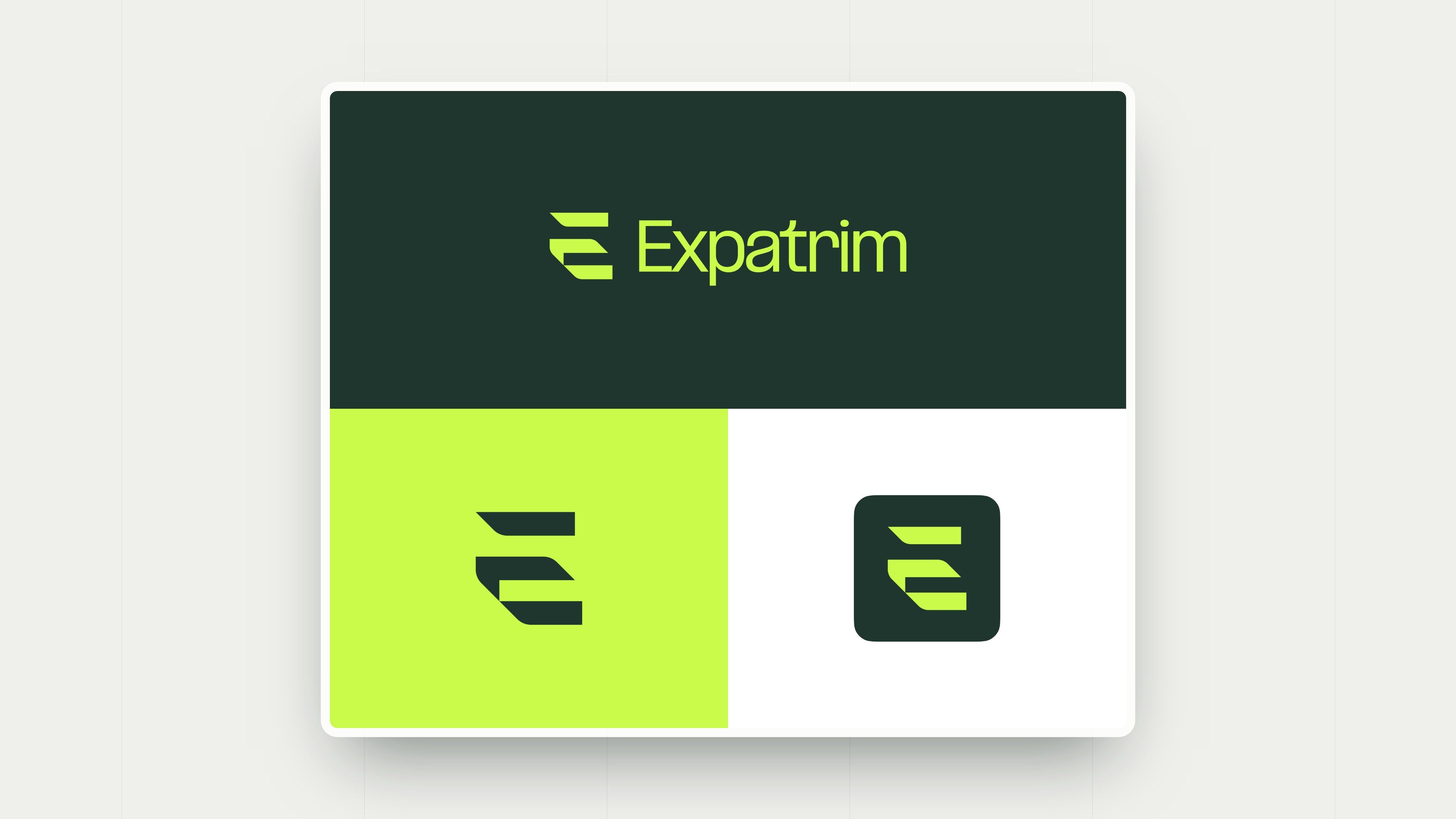 Expatrim logo variations: full version on deep green, symbol on lime and pictogram on white
