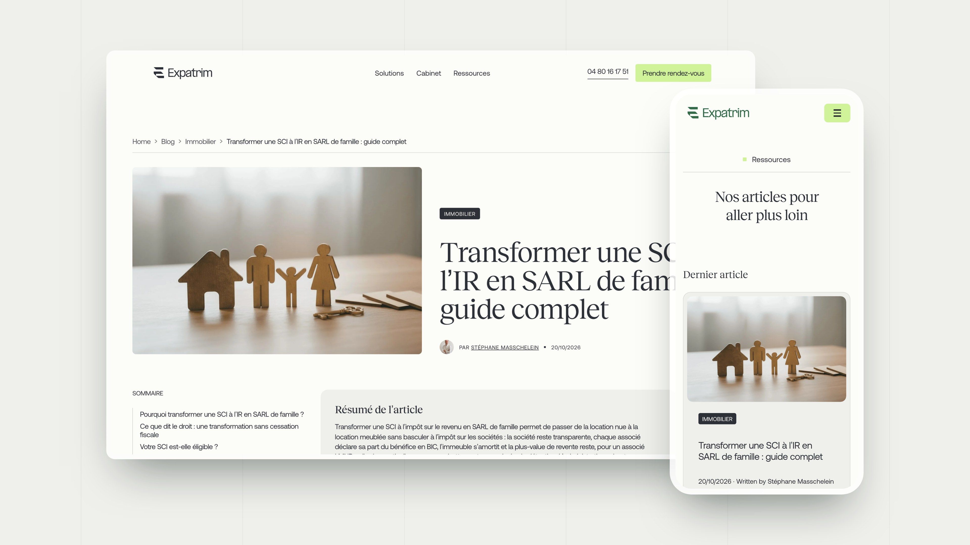 Article “Converting an income-tax SCI into a family SARL” on desktop and the Resources page on mobile