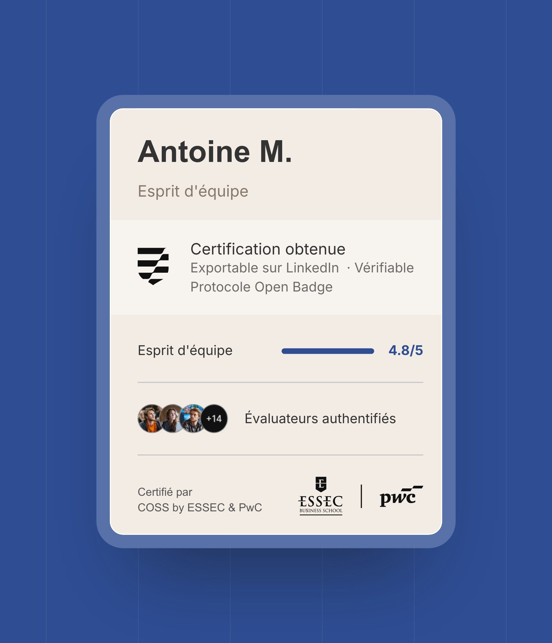 Certification card “Antoine M. · Team spirit · 4.8/5”, exportable to LinkedIn and verifiable by Open Badge