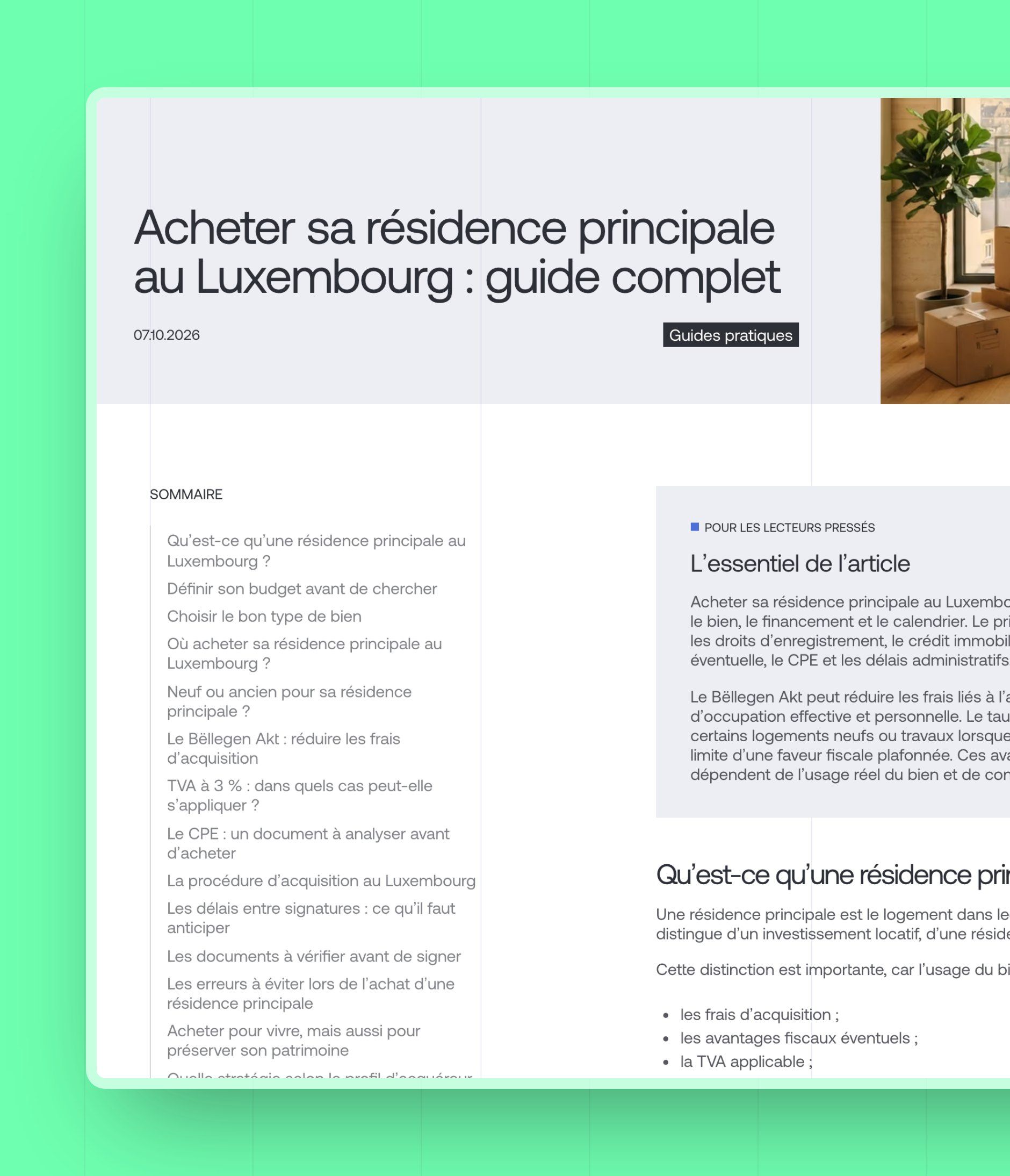 Guide “Buying your main residence in Luxembourg”: table of contents and “Key takeaways” box