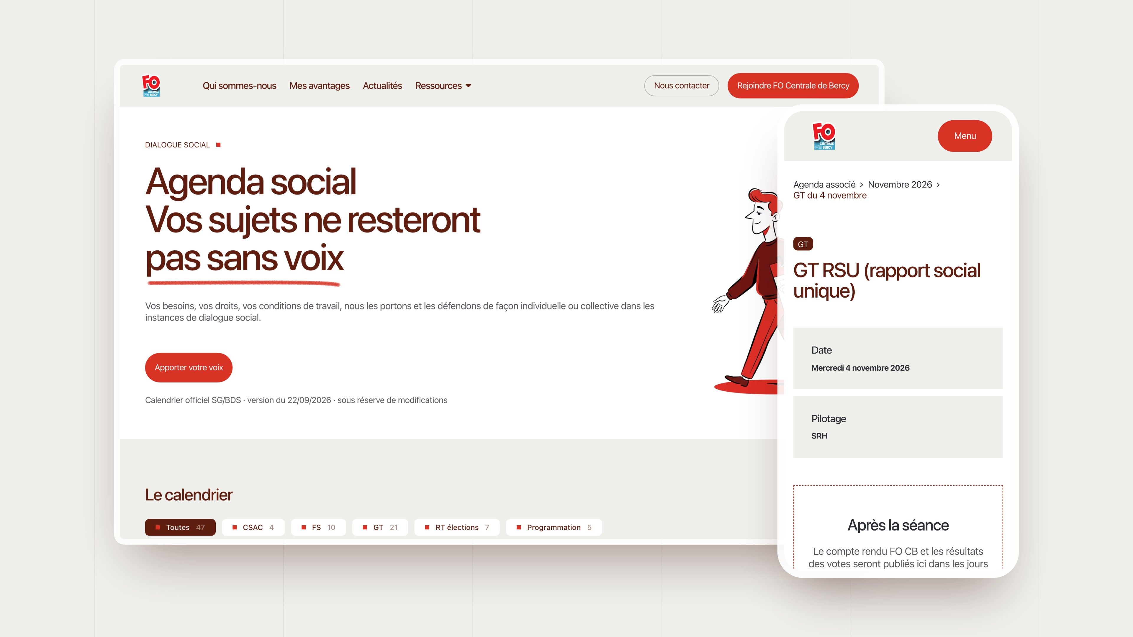 Social calendar page on desktop and the GT RSU meeting page on mobile, generated by the CMS