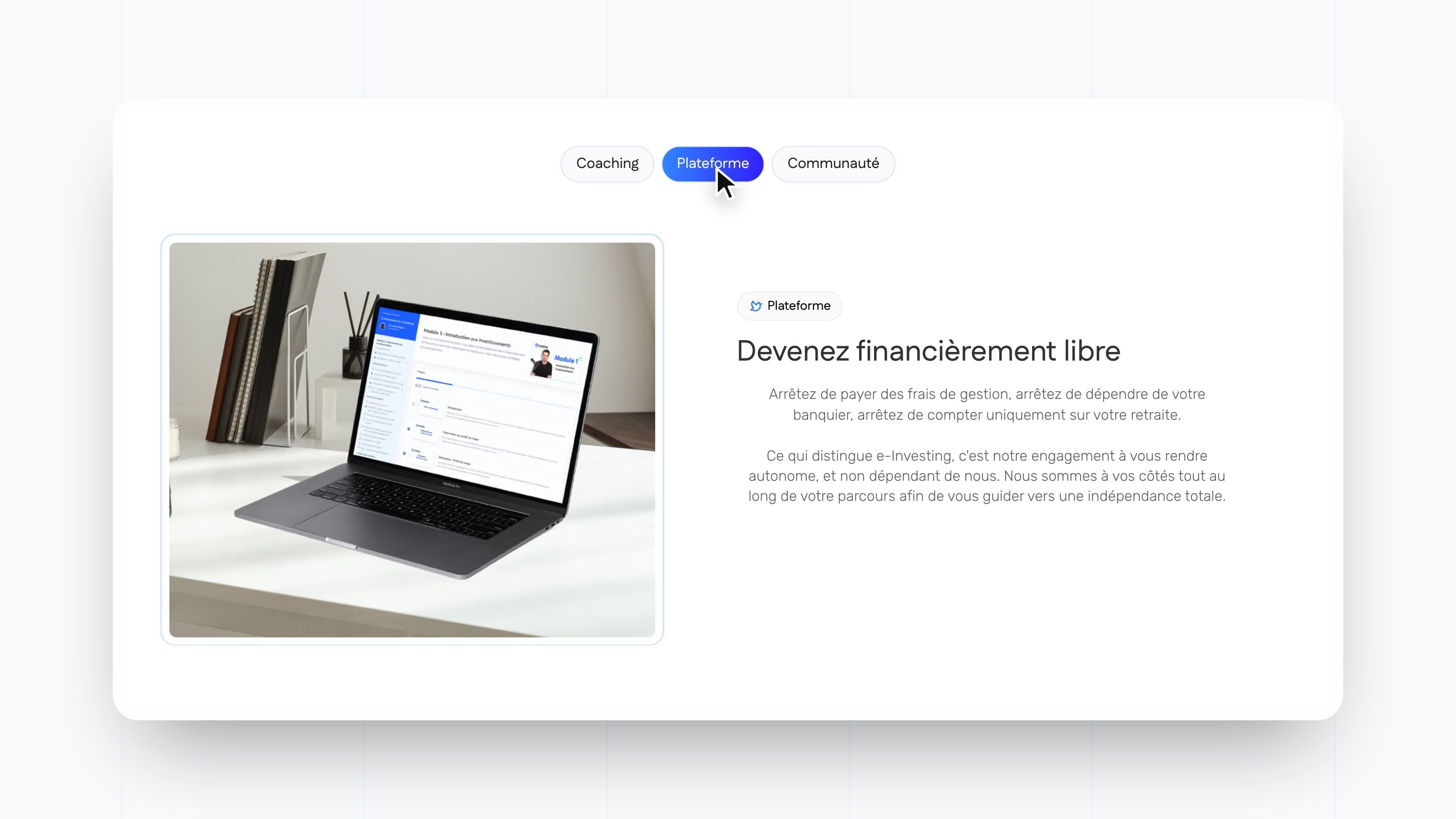 Coaching, Platform and Community tabs on the e-Investing home page