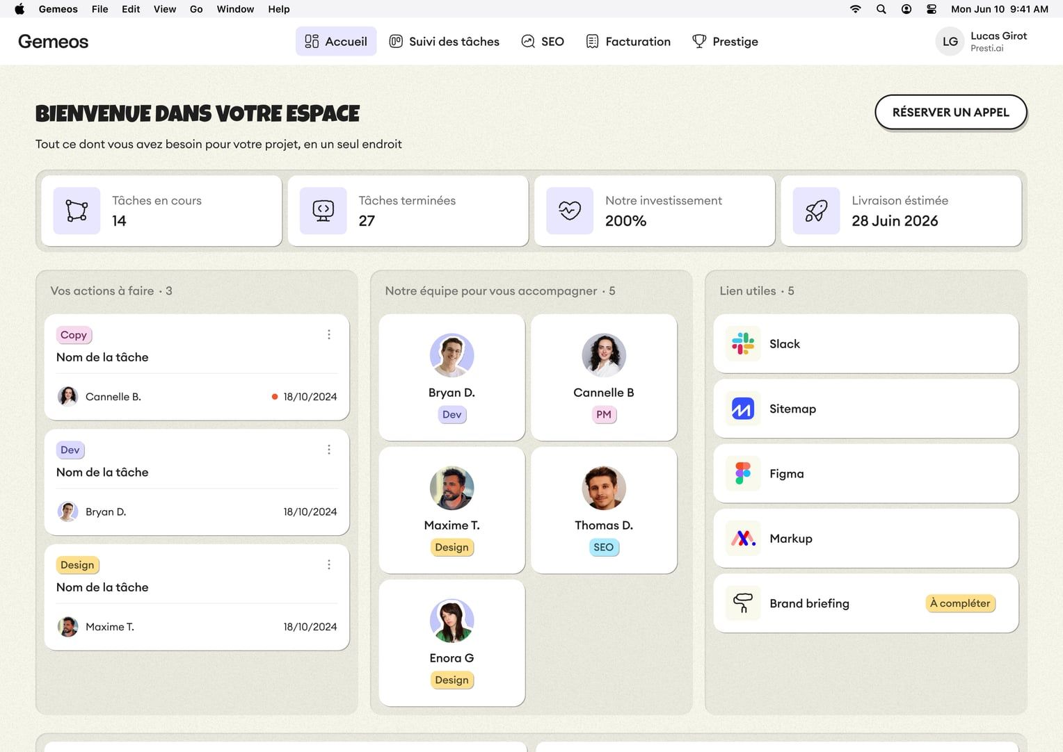 Gemeos client portal dashboard: ongoing tasks, project team, and useful links
