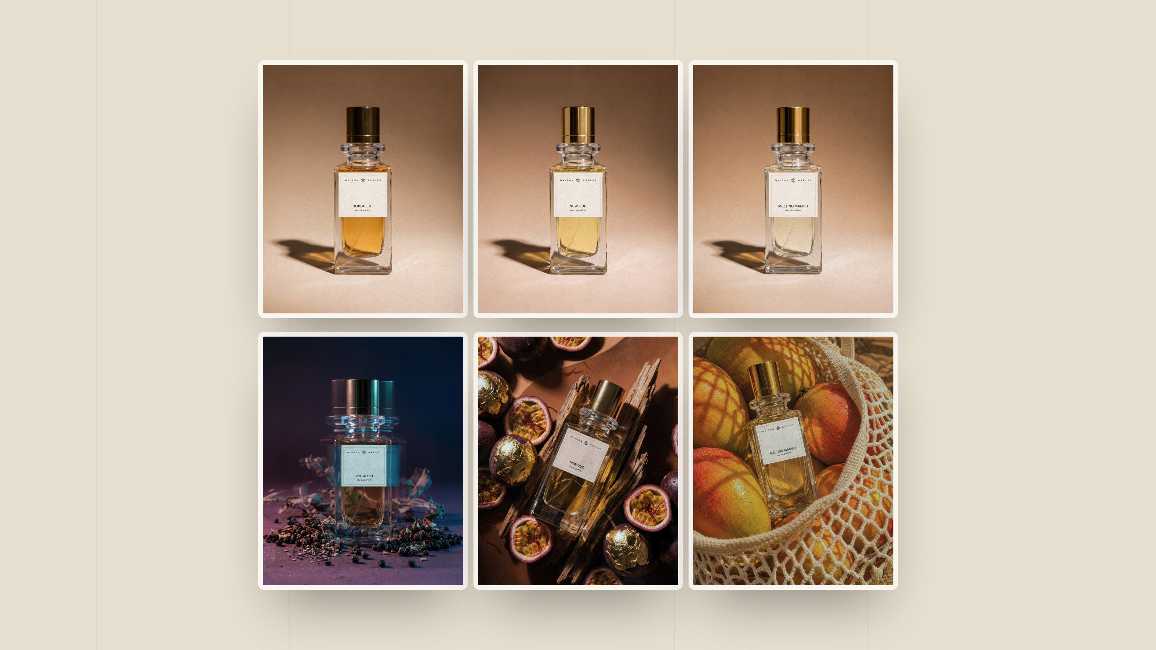 Packshots and settings for Bois Alert, New Oud and Melting Mango