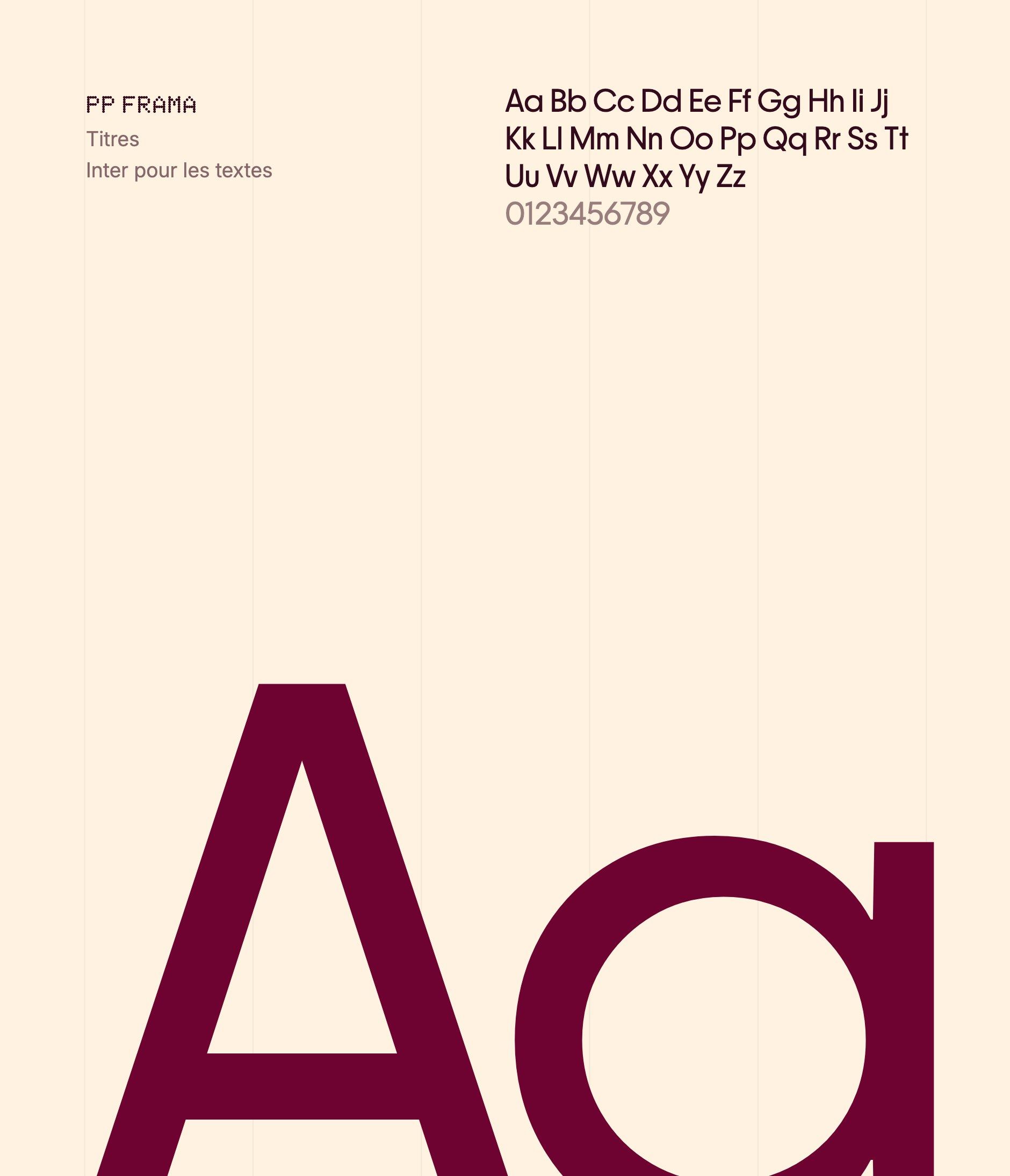 PP Frama, Unow's heading typeface: a large burgundy “Aa”