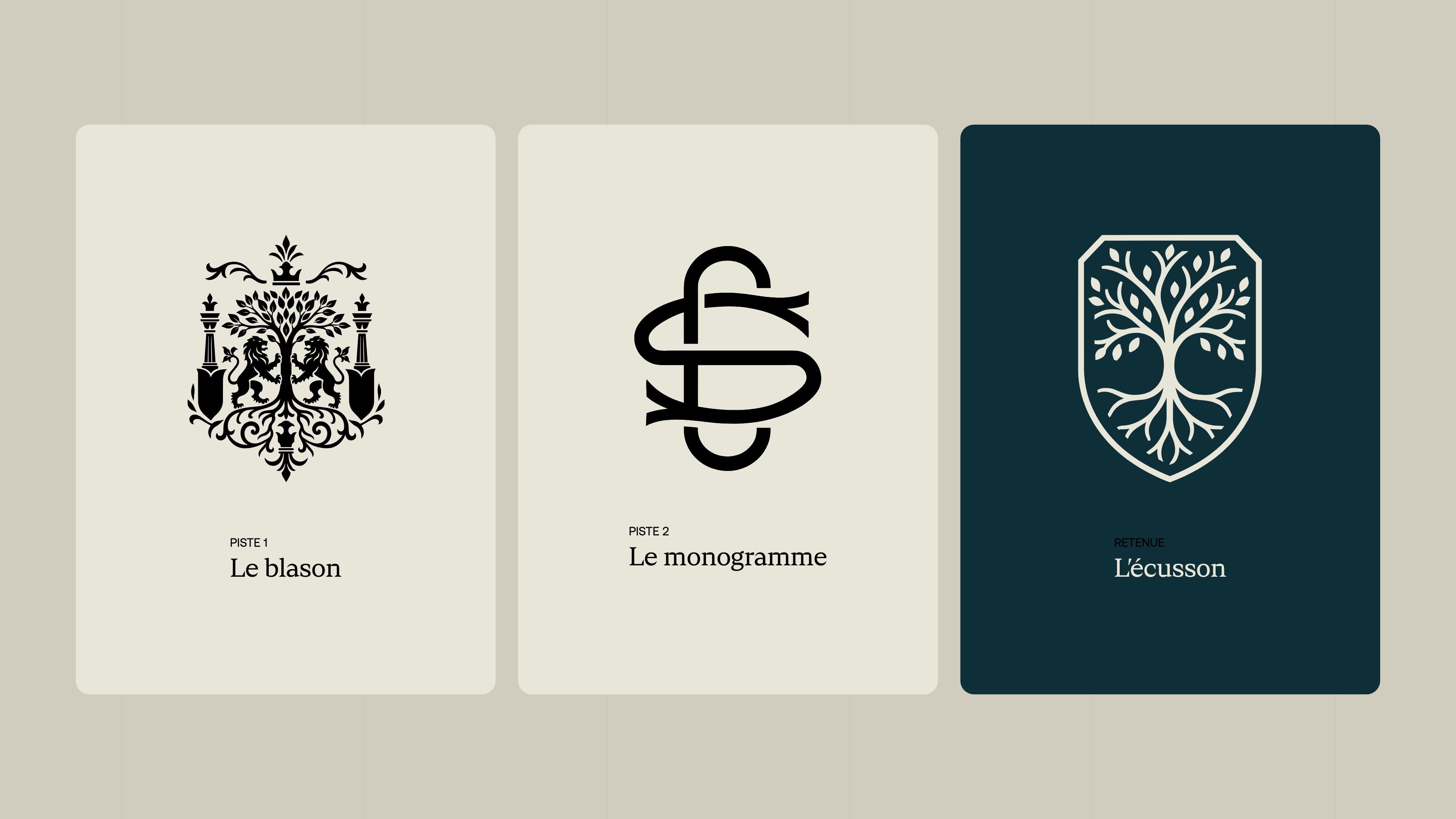 The three logo directions explored: the coat of arms, the monogram and the chosen tree crest
