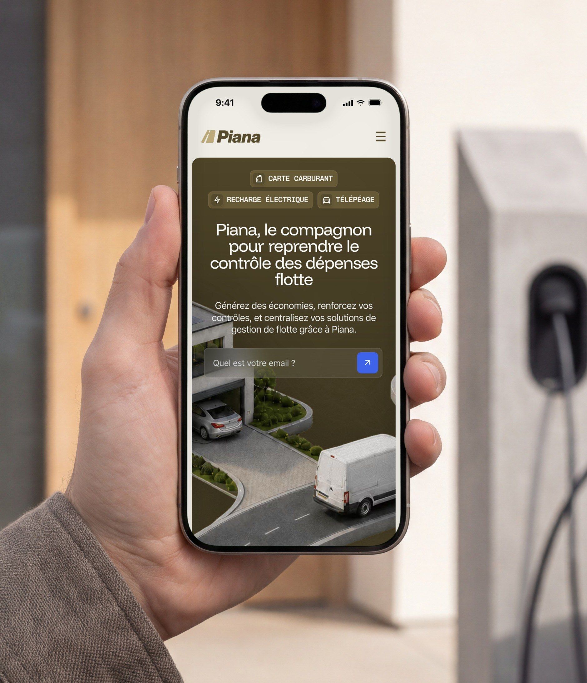 iPhone held near a charging electric car, open on the Piana mobile home page