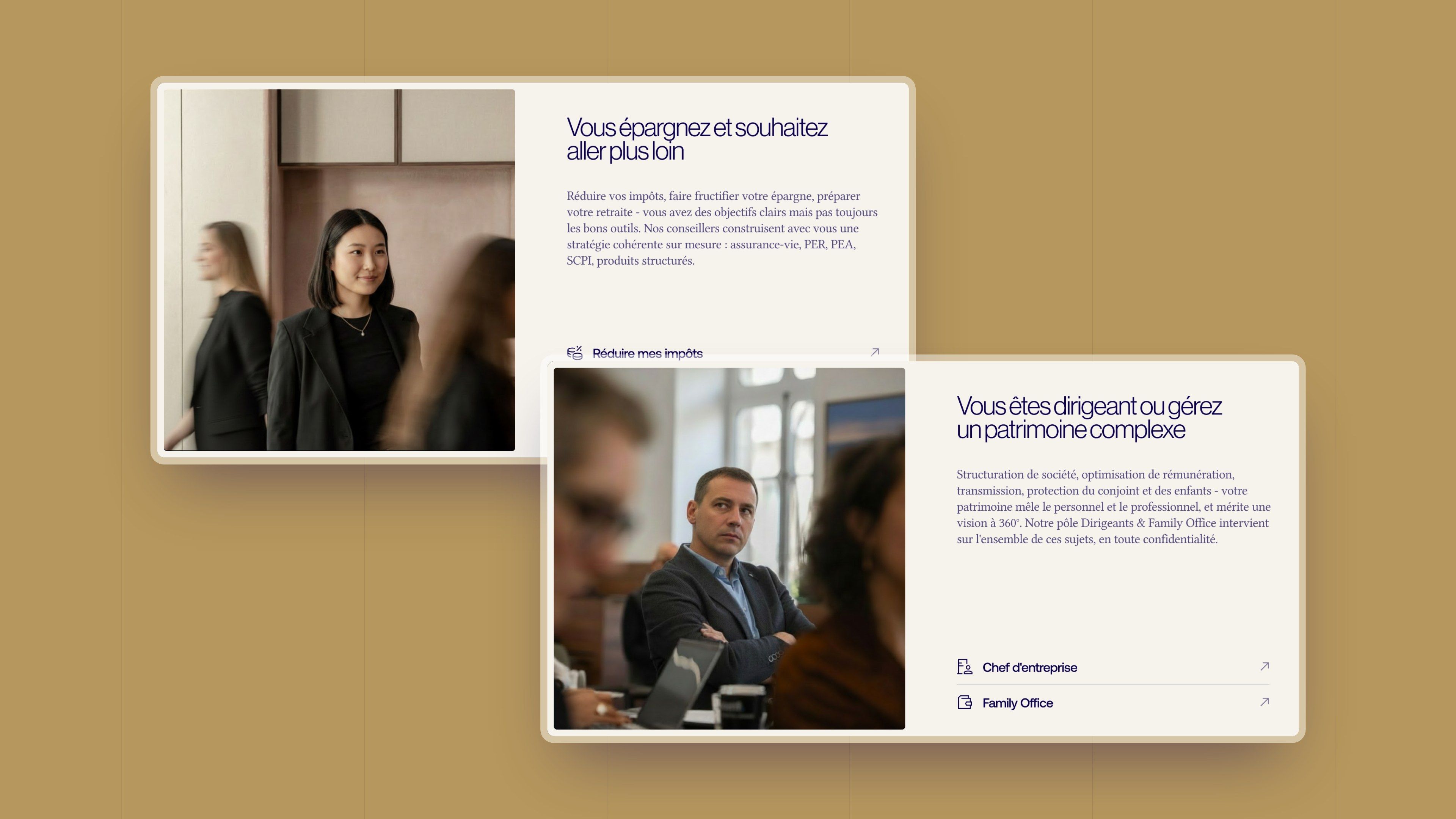 Profile cards: “You save and want to go further” and “You run a company or manage a complex estate”