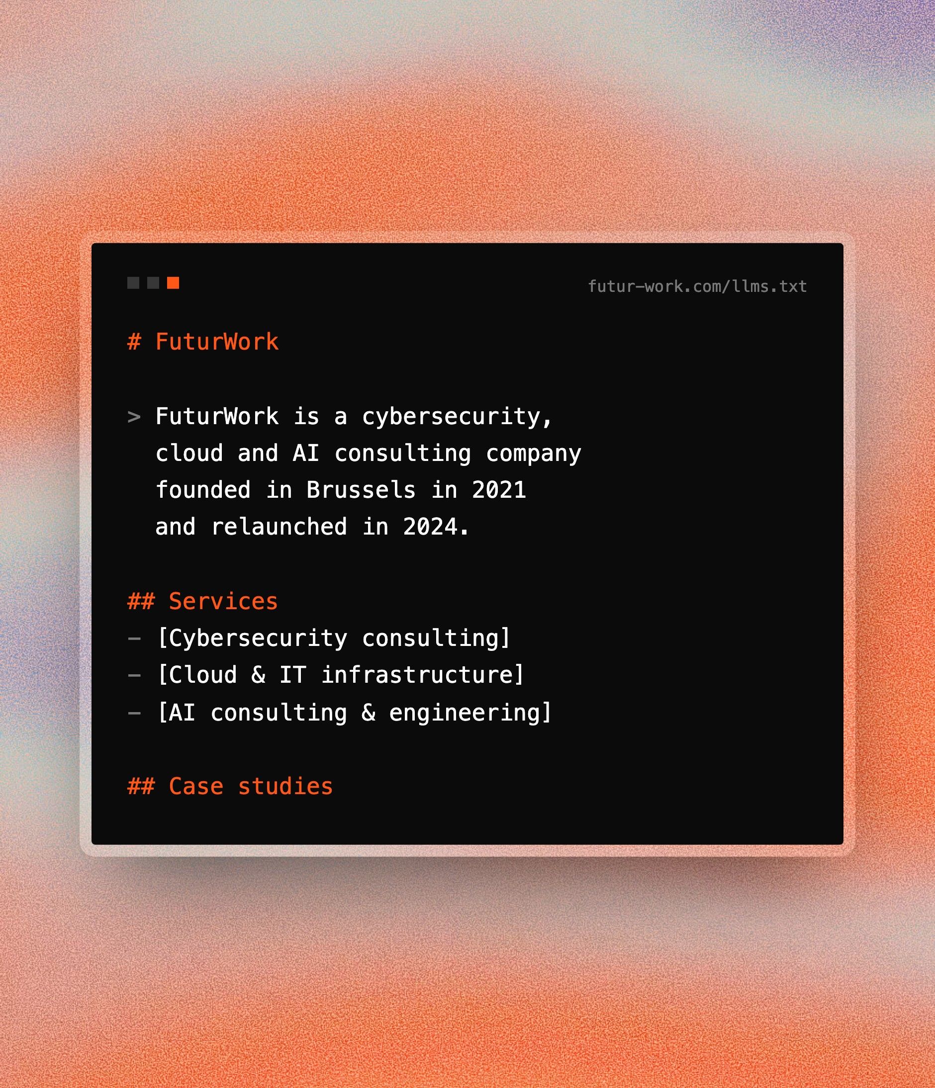 The futur-work.com llms.txt file, which introduces the company to AI assistants