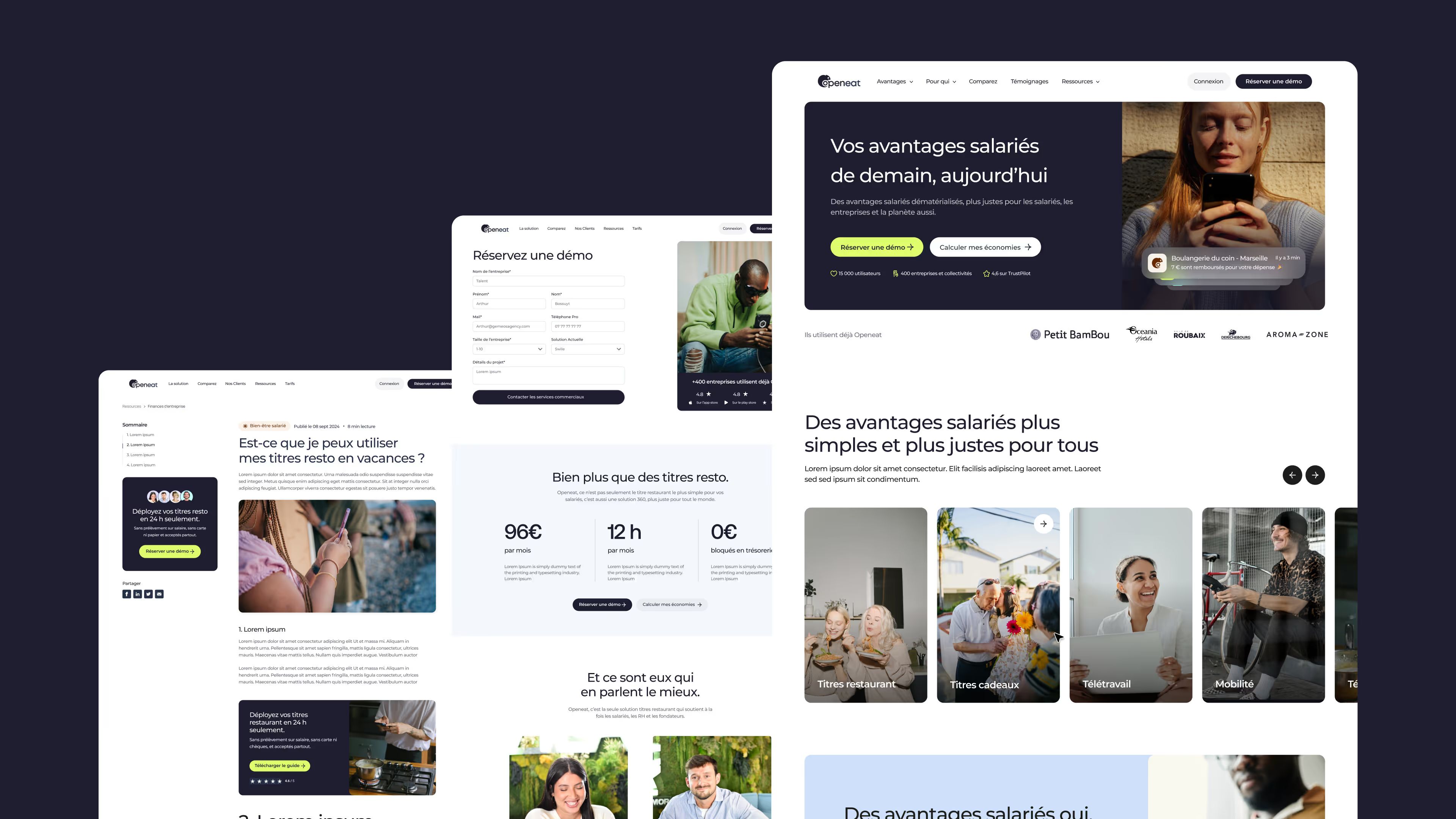 Trois maquettes de pages du site Openeat : accueil « Vos avantages salariés de demain », réservation de démo et article