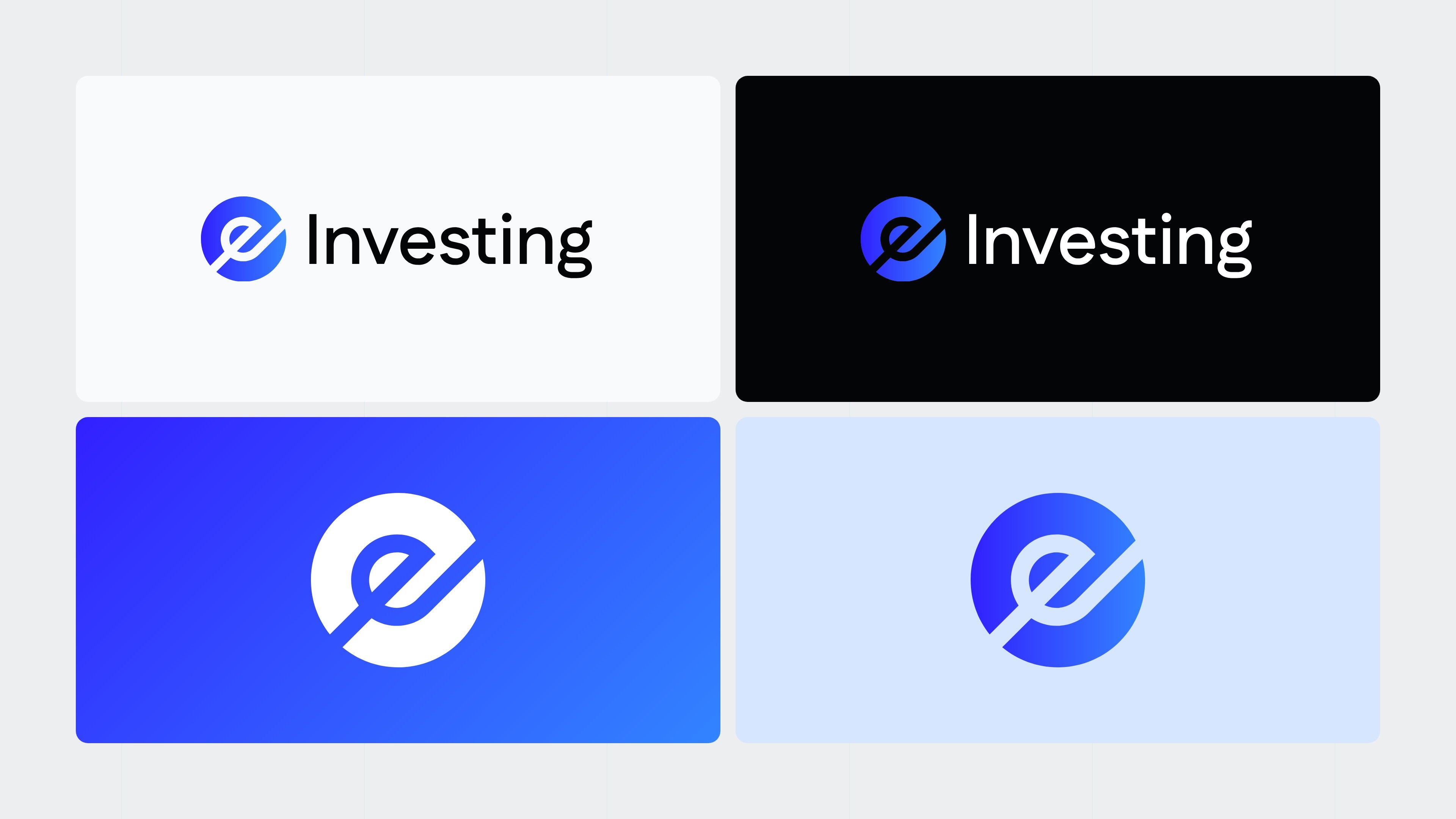 e-Investing logo variations: on a light background, on an ink background, and the “e” alone on blue and on sky blue