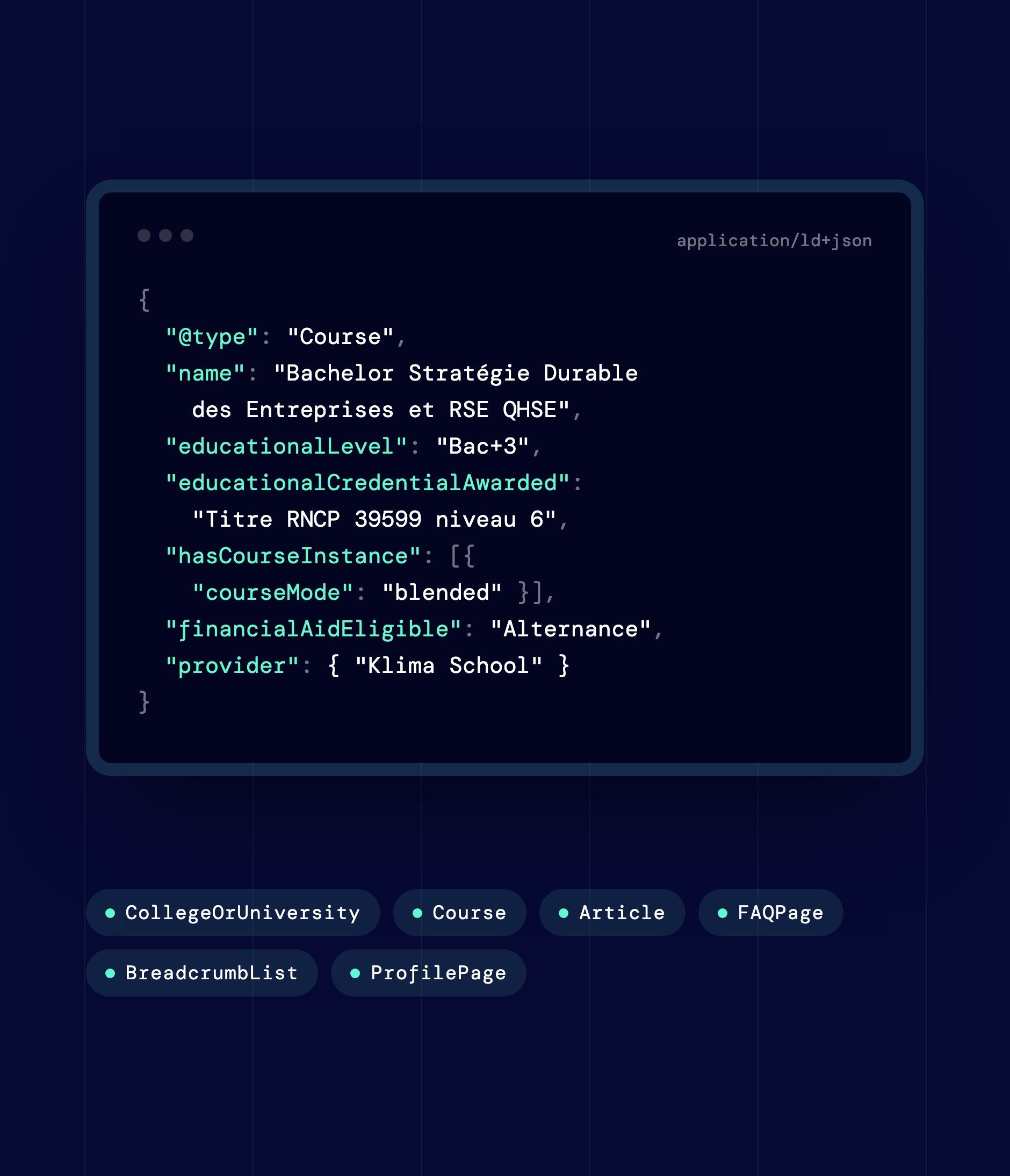 Excerpt of the Bachelor's page structured data: Course, bachelor's level, RNCP qualification 39599 level 6, work-study