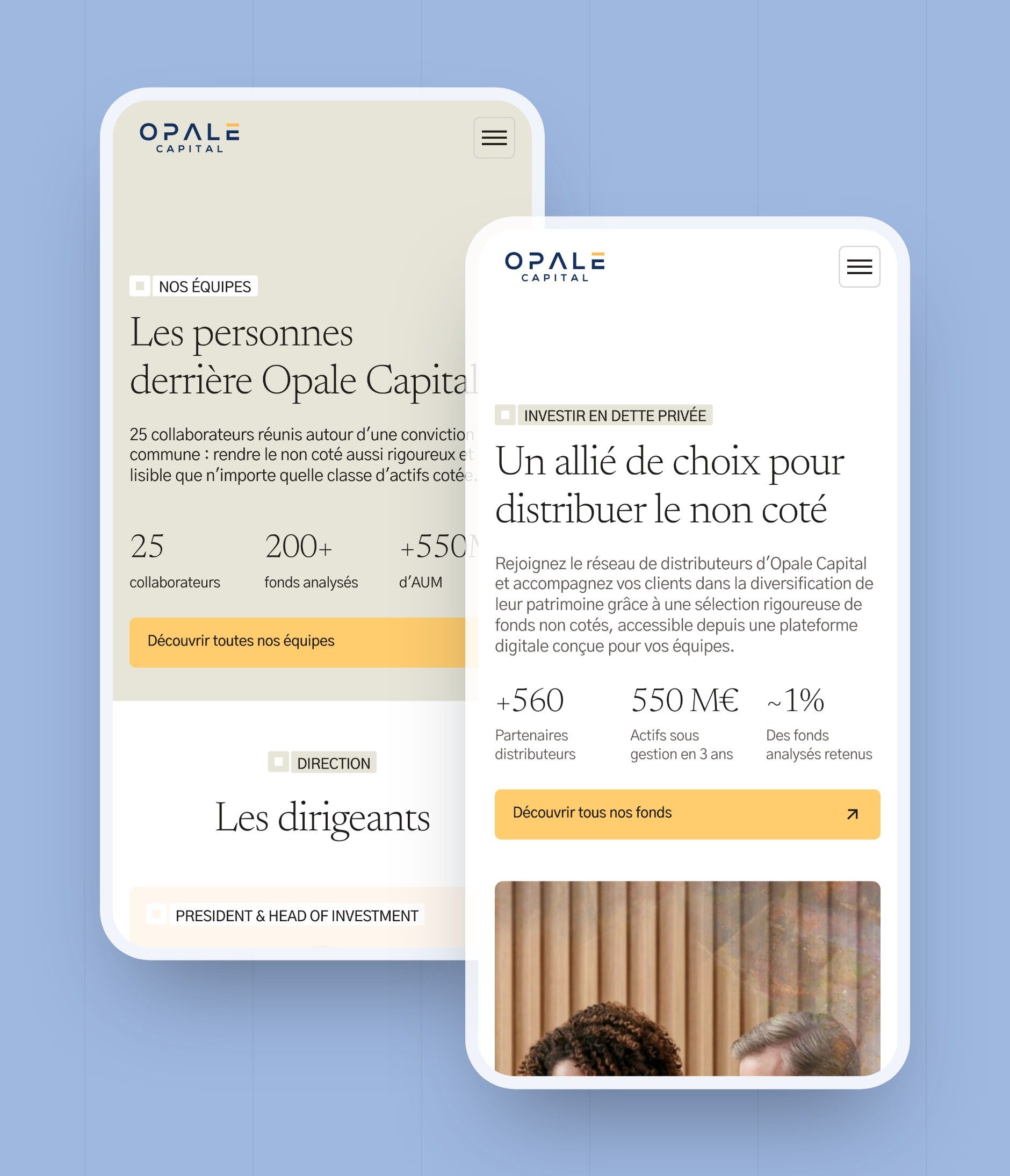 Our teams and Partners pages on mobile