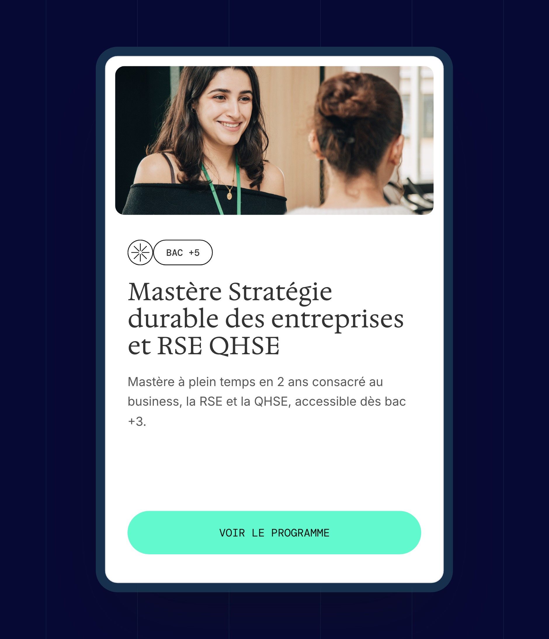 Card for the Master's in Corporate Sustainability Strategy and CSR QHSE, master's level