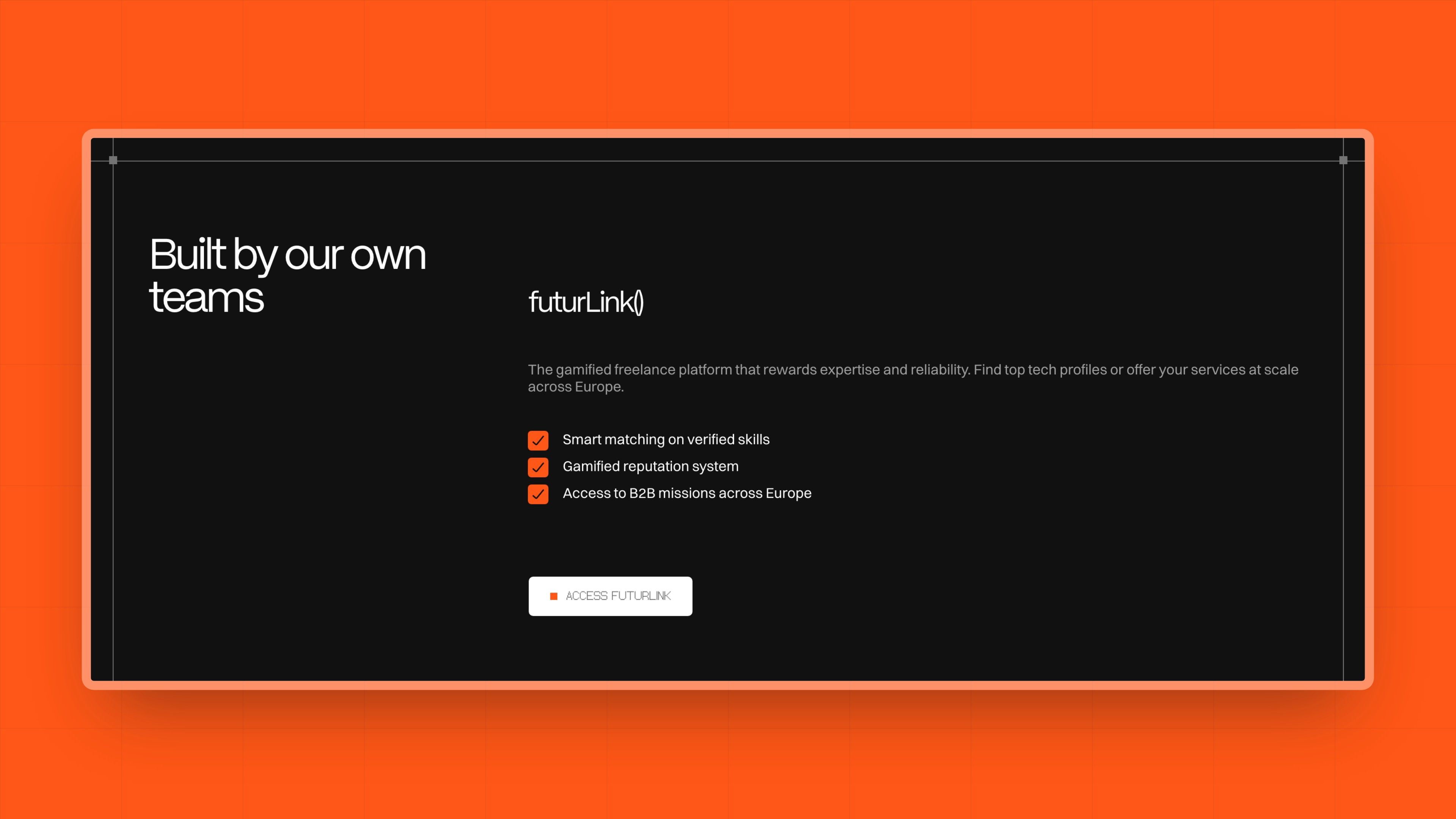 “Built by our own teams” section presenting FuturLink, the ecosystem's freelance platform