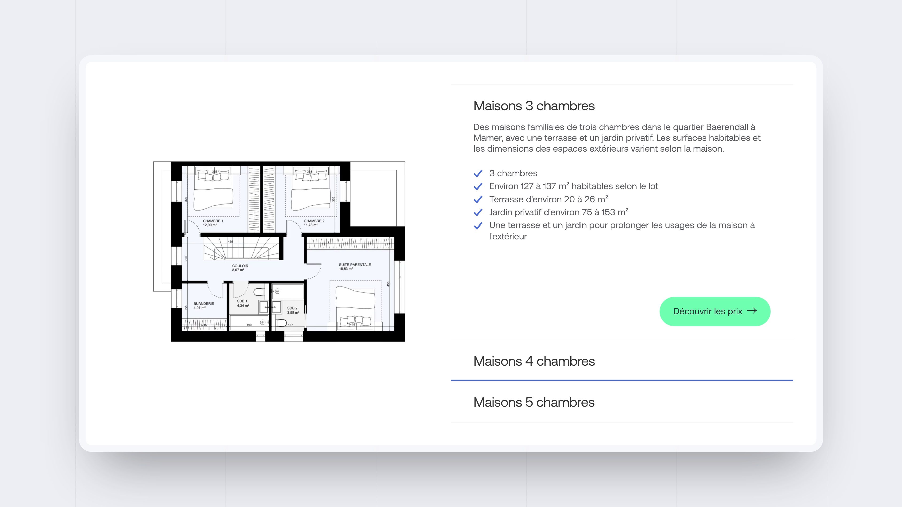 OIHAN unit type tabs: plan of the 4-bedroom house, floor areas and “See prices” button