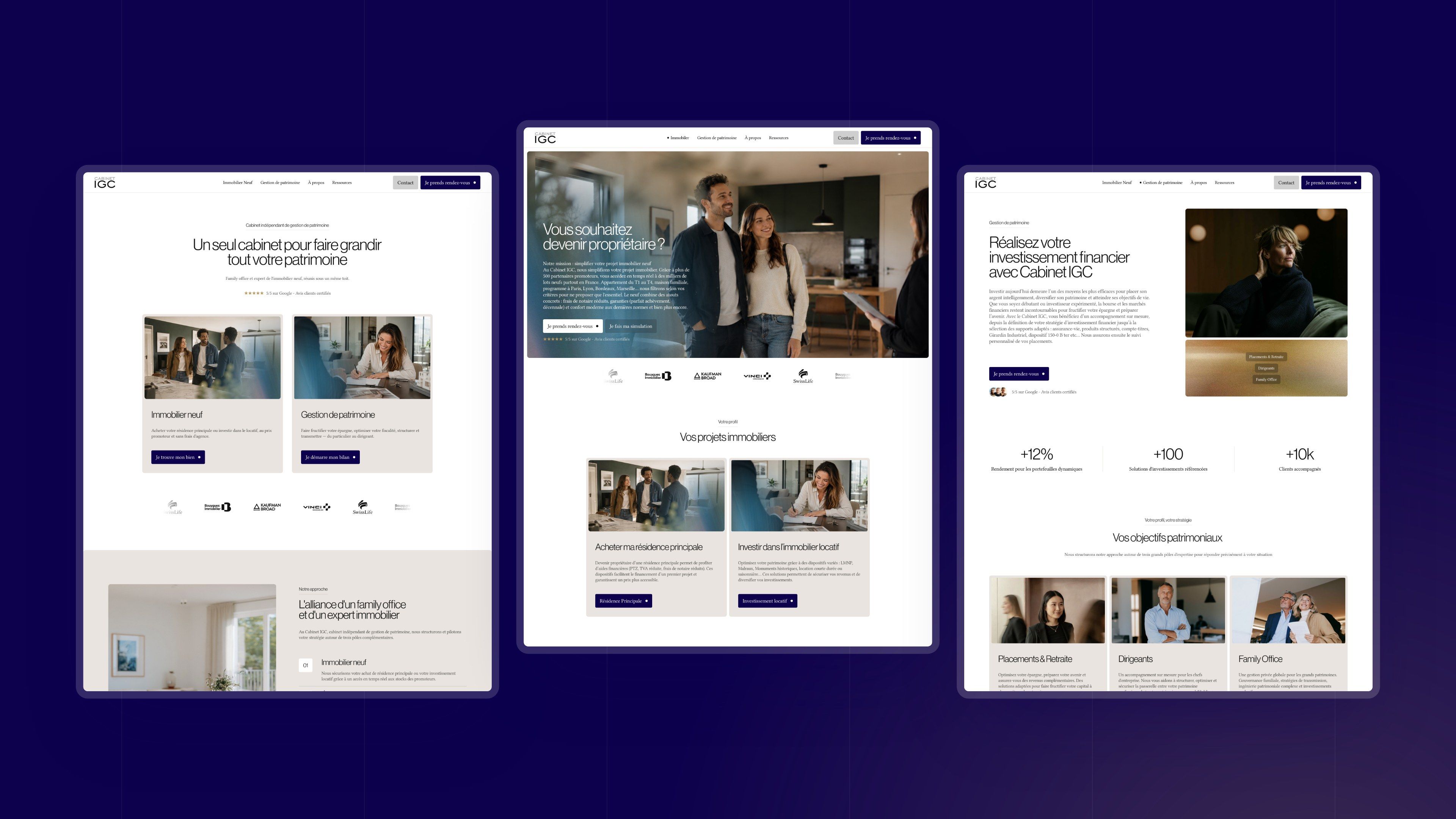 The site's three home pages: main home page, new-build property and wealth management