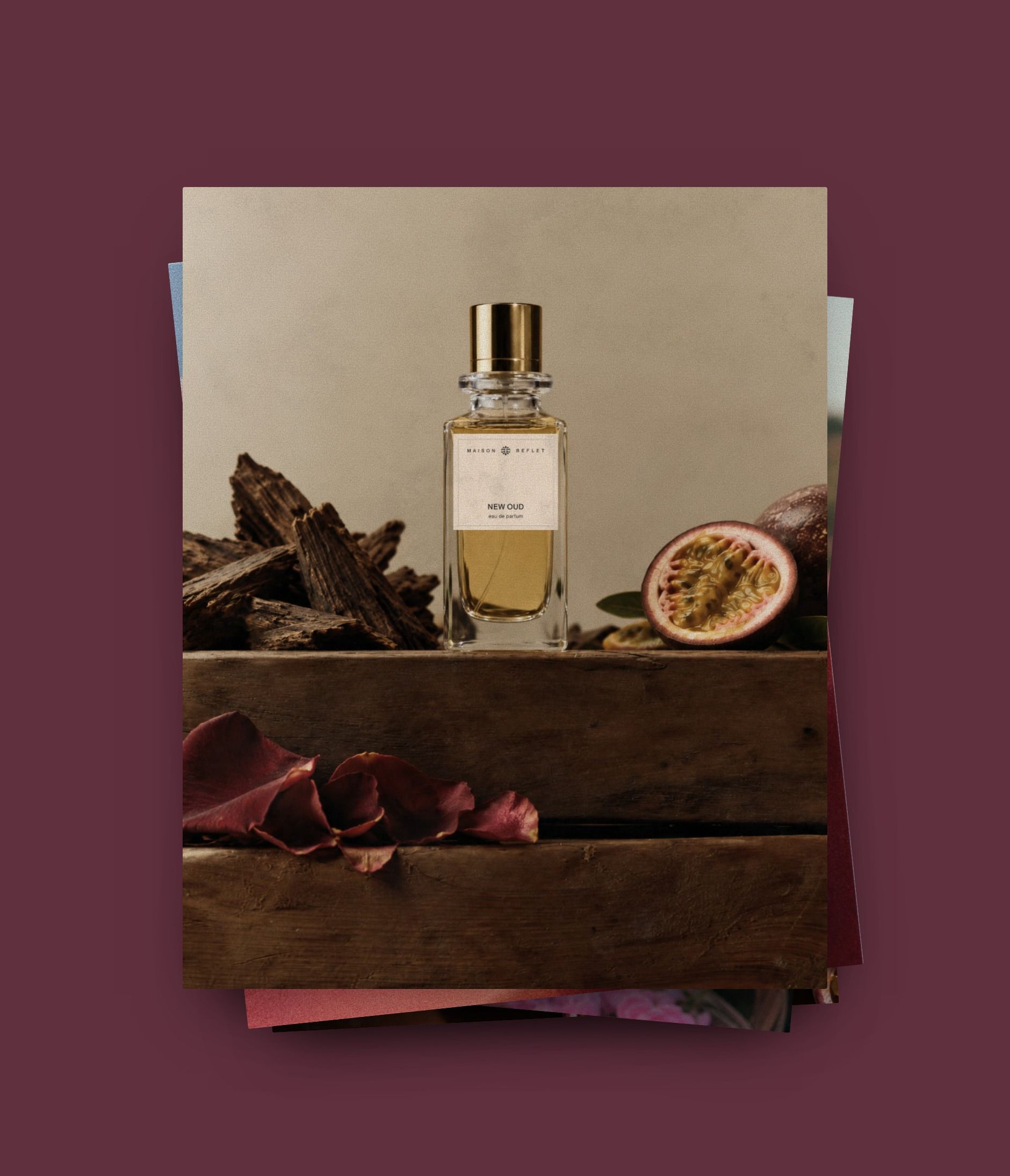 New Oud: the bottle on oud wood with passion fruit, rose, harvesting, agarwood