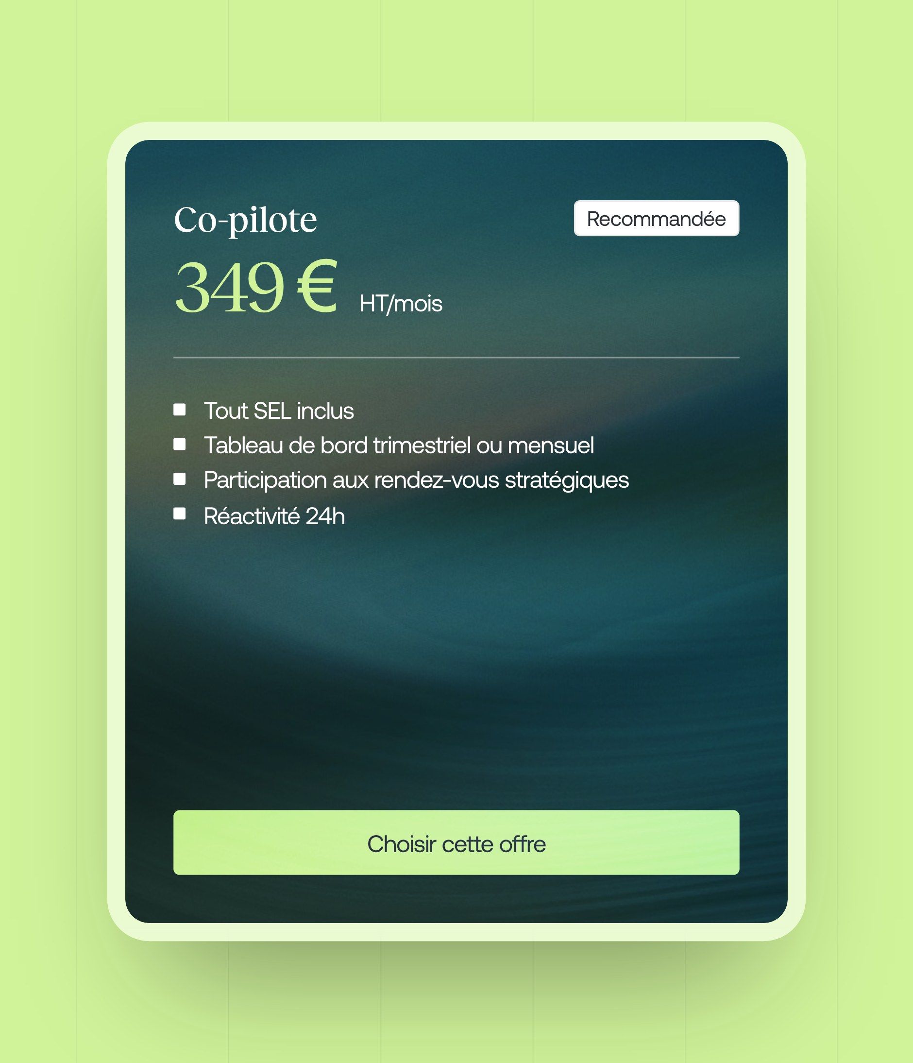 Card for the recommended Co-pilot offer, on a deep green background