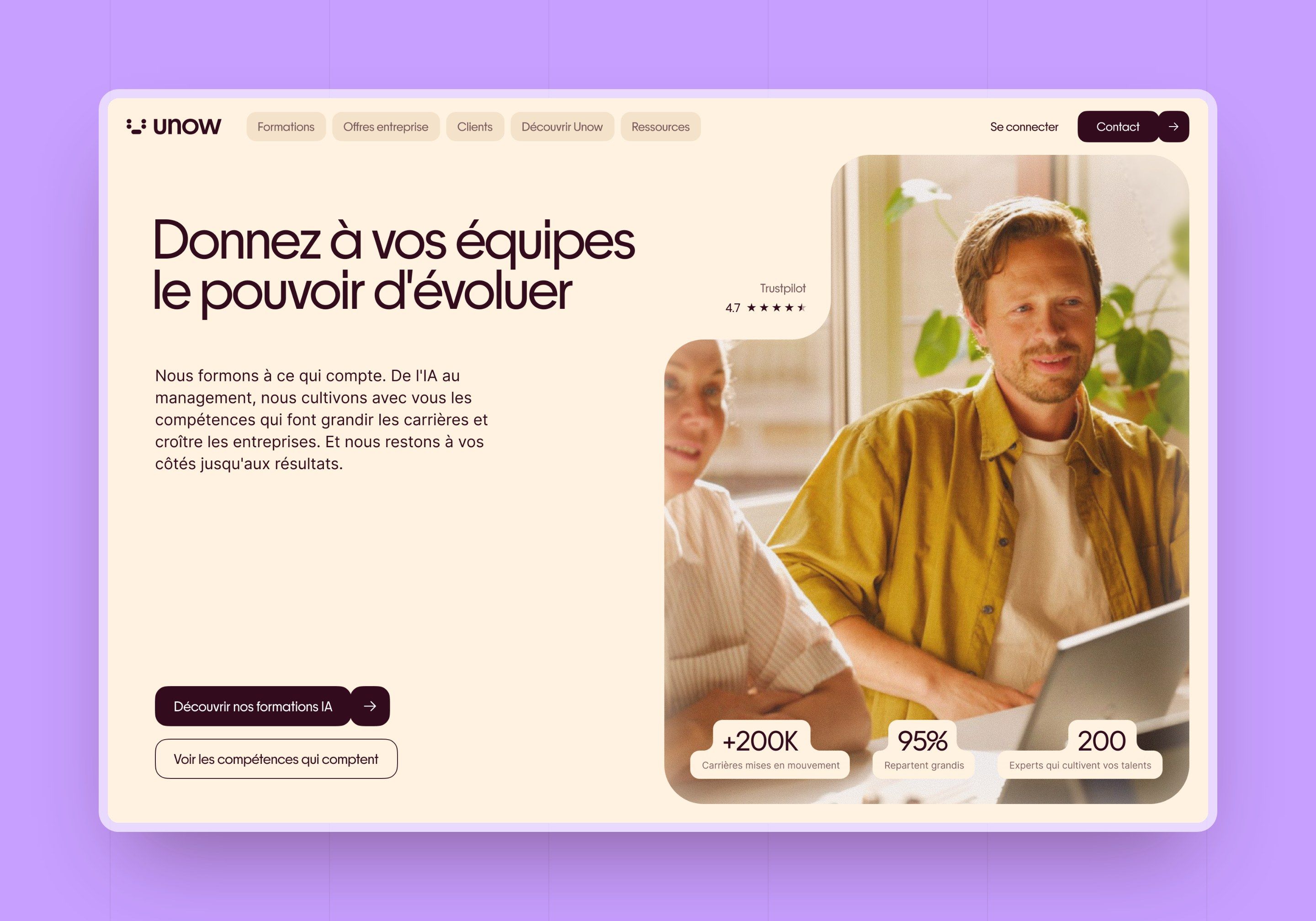 Direction E: Unow hero with a large photo and three key figures as labels