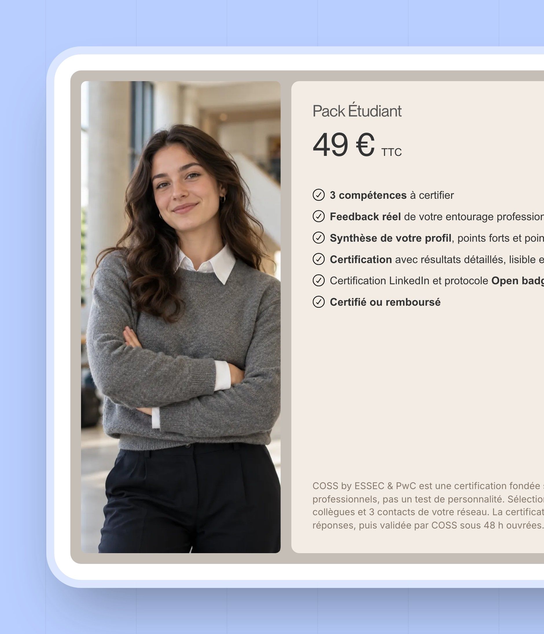 €49 Student Pack card: three skills, real feedback, LinkedIn certification and proof of student status