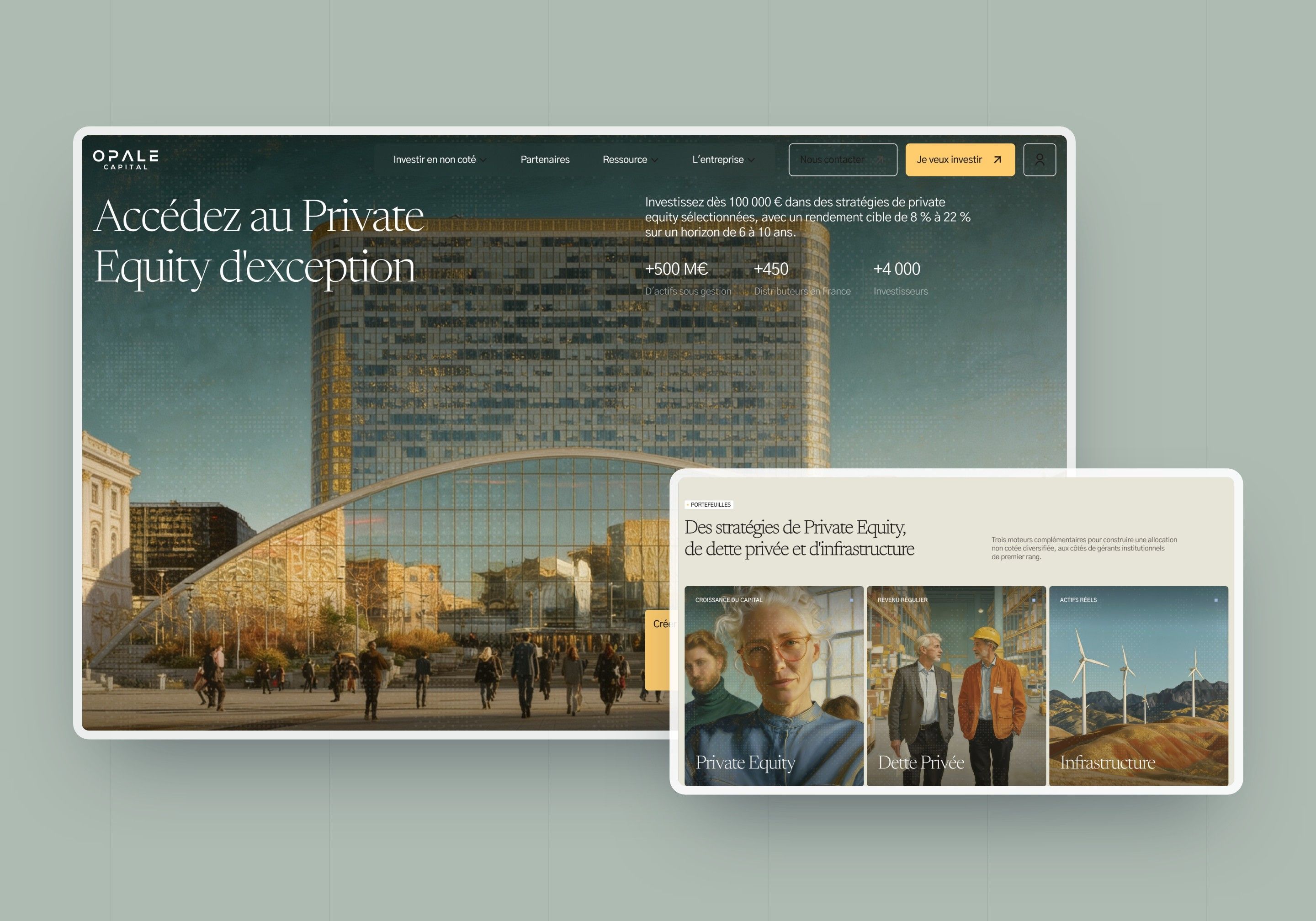 Direction 3, Muted elegance: architectural hero and strategy cards with painterly images