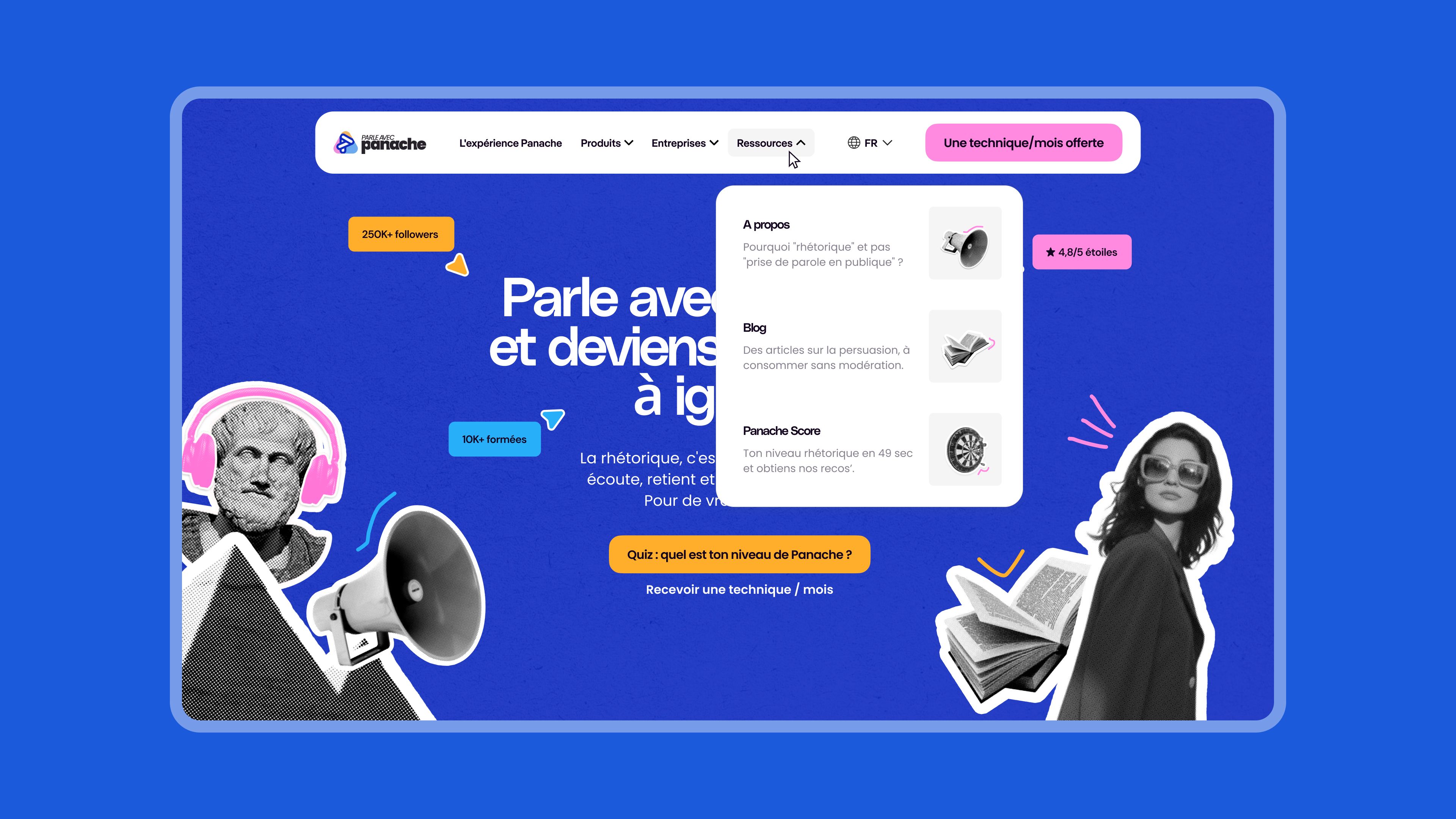 Page d’accueil Panache avec menu Ressources ouvert (À propos, Blog, Panache Score) et collages noir et blanc