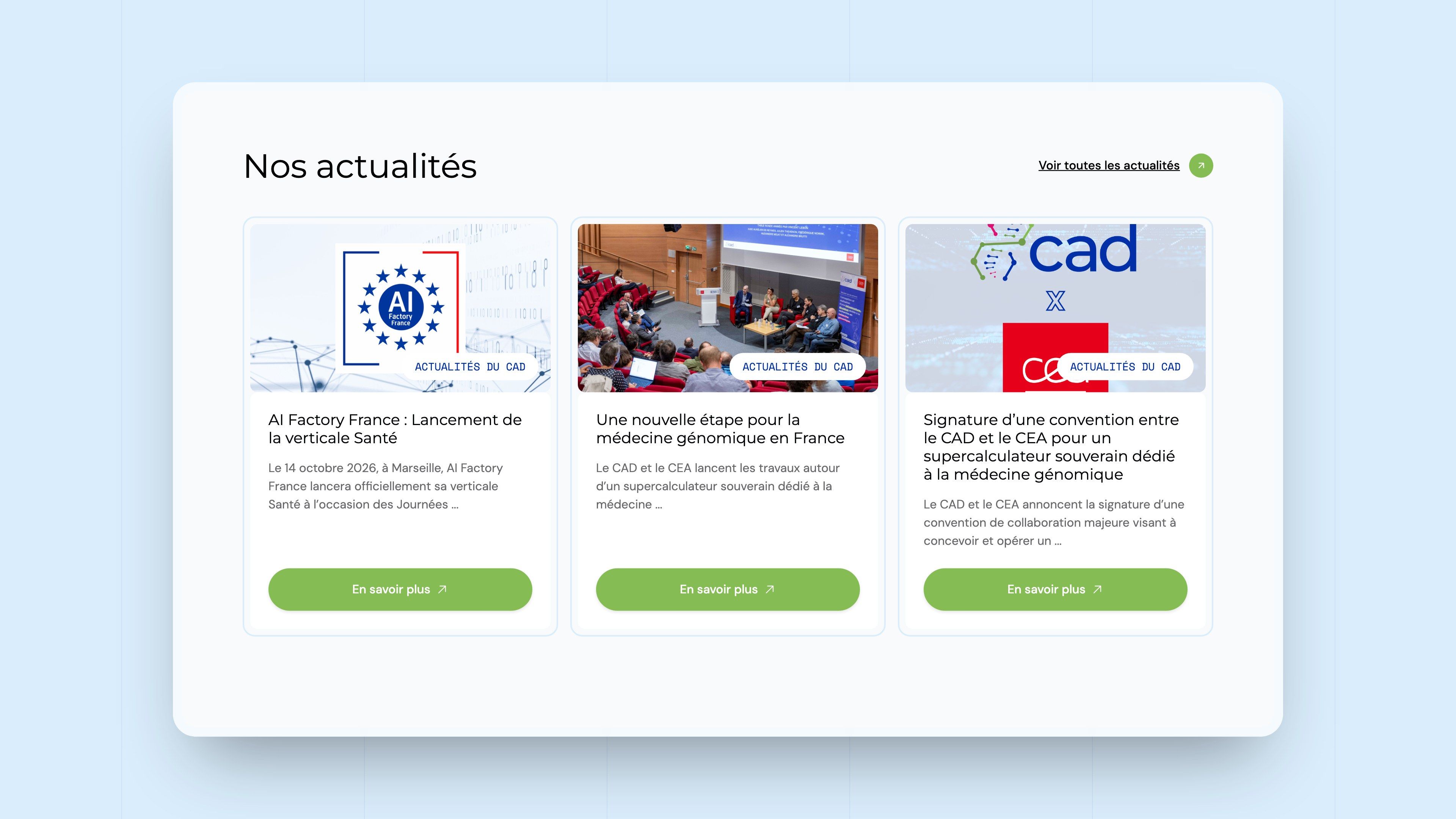 The home page's “Our news” section: three news cards