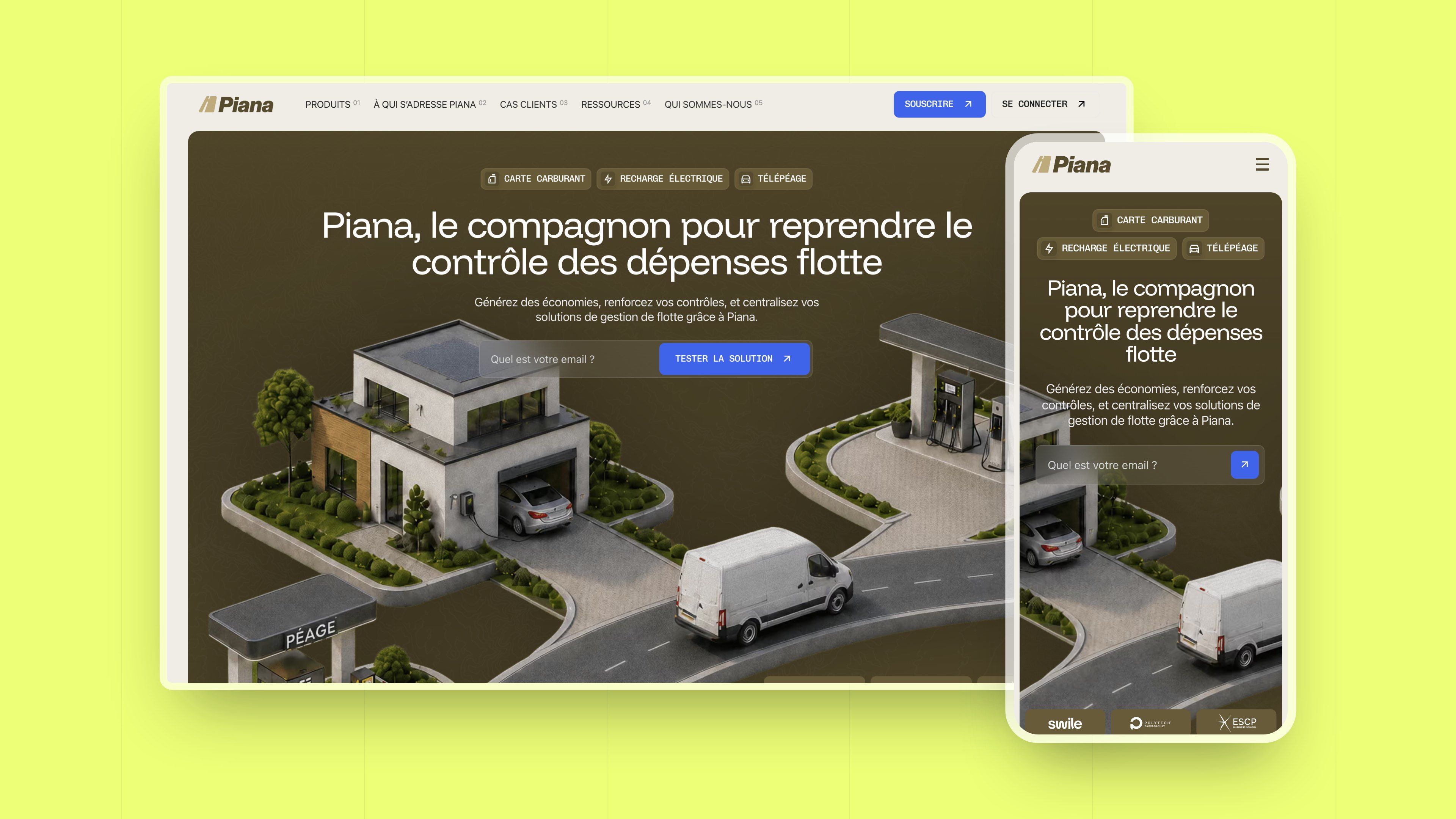 Piana home page on desktop and mobile, side by side on a lemon yellow background