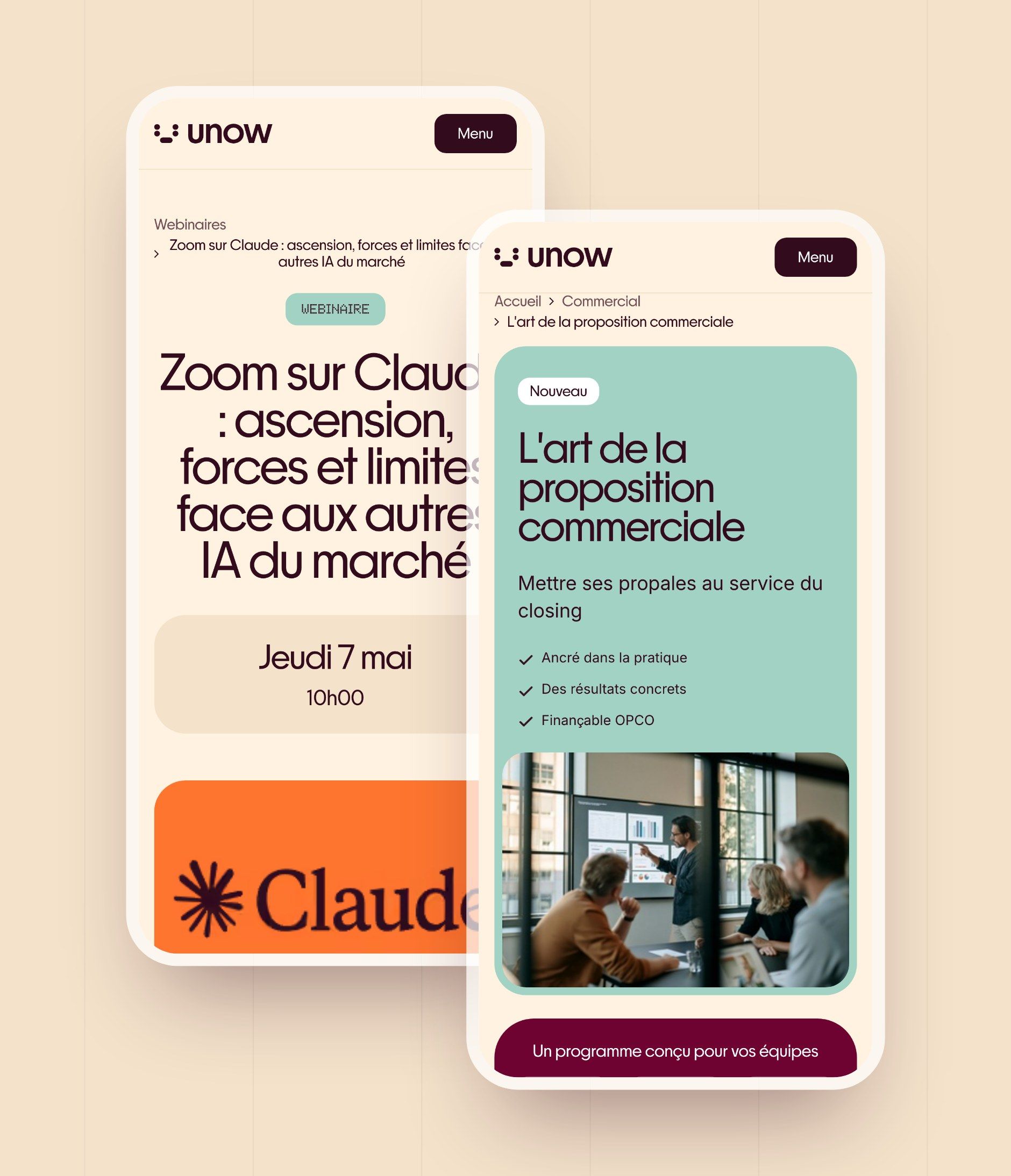 A webinar page and a course page on mobile, two pages generated by the CMS