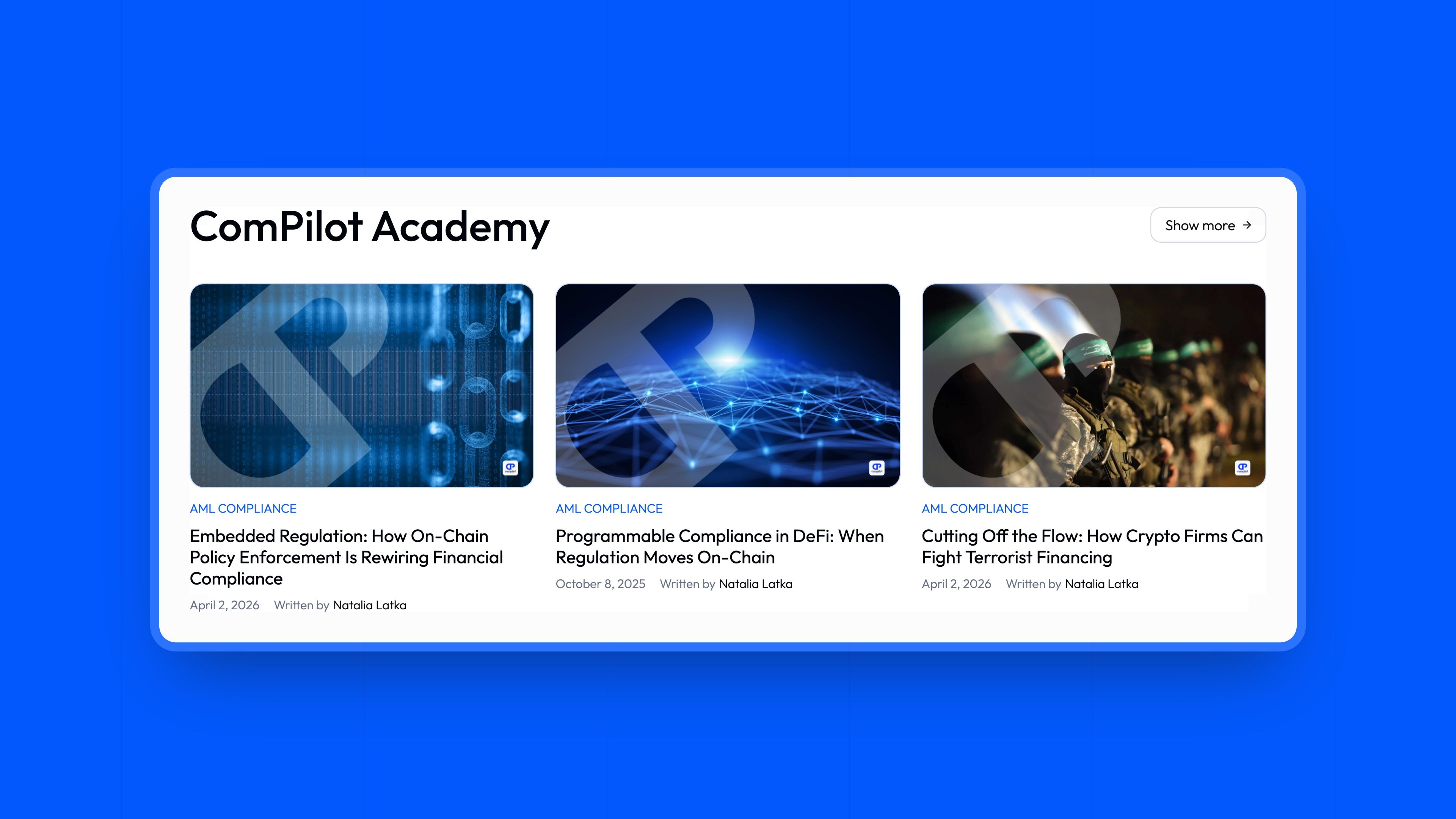 Articles de la ComPilot Academy sur la conformité AML, sur fond bleu