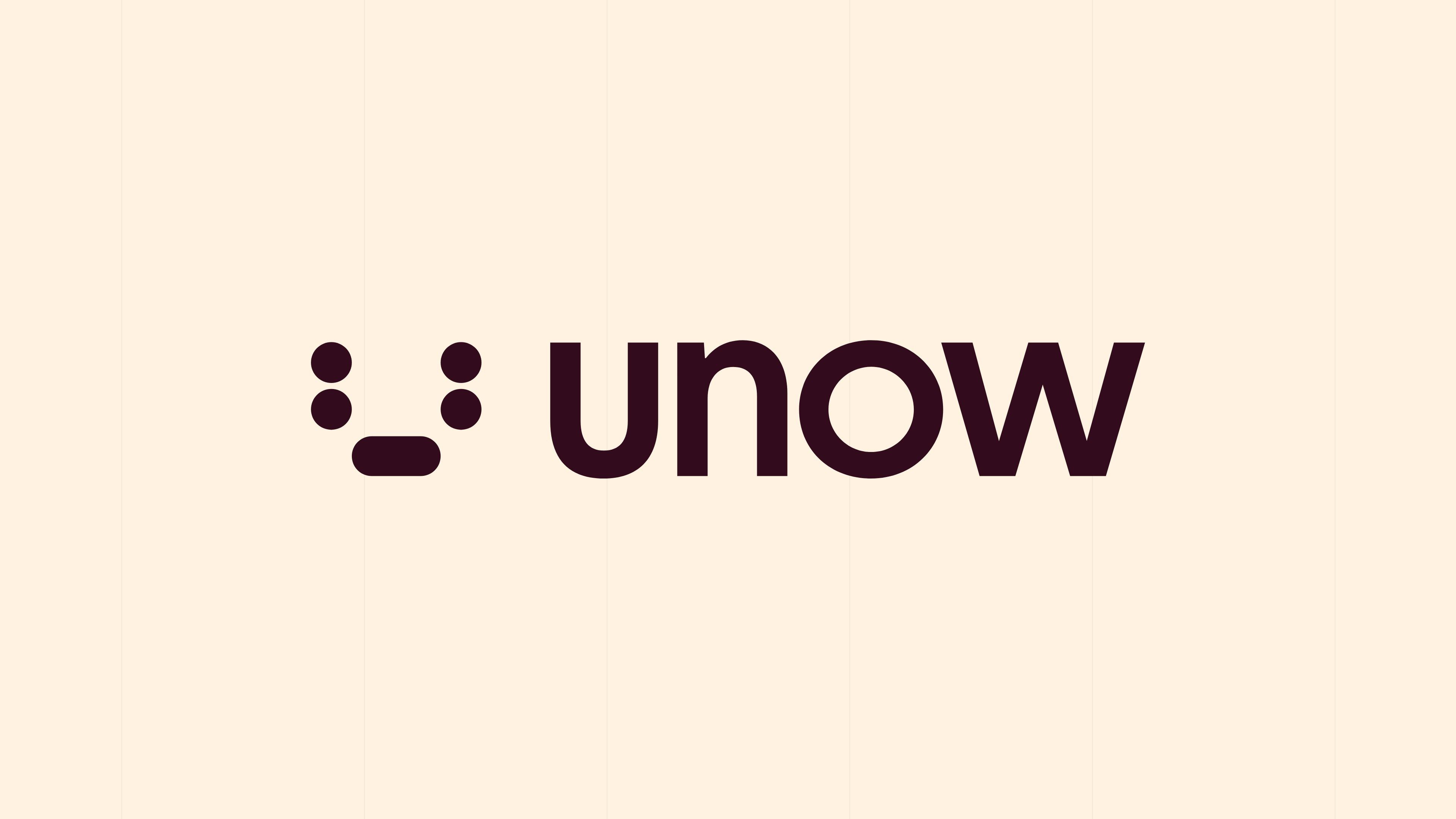 Unow logo: the dotted face and the word unow, in plum on a cream background