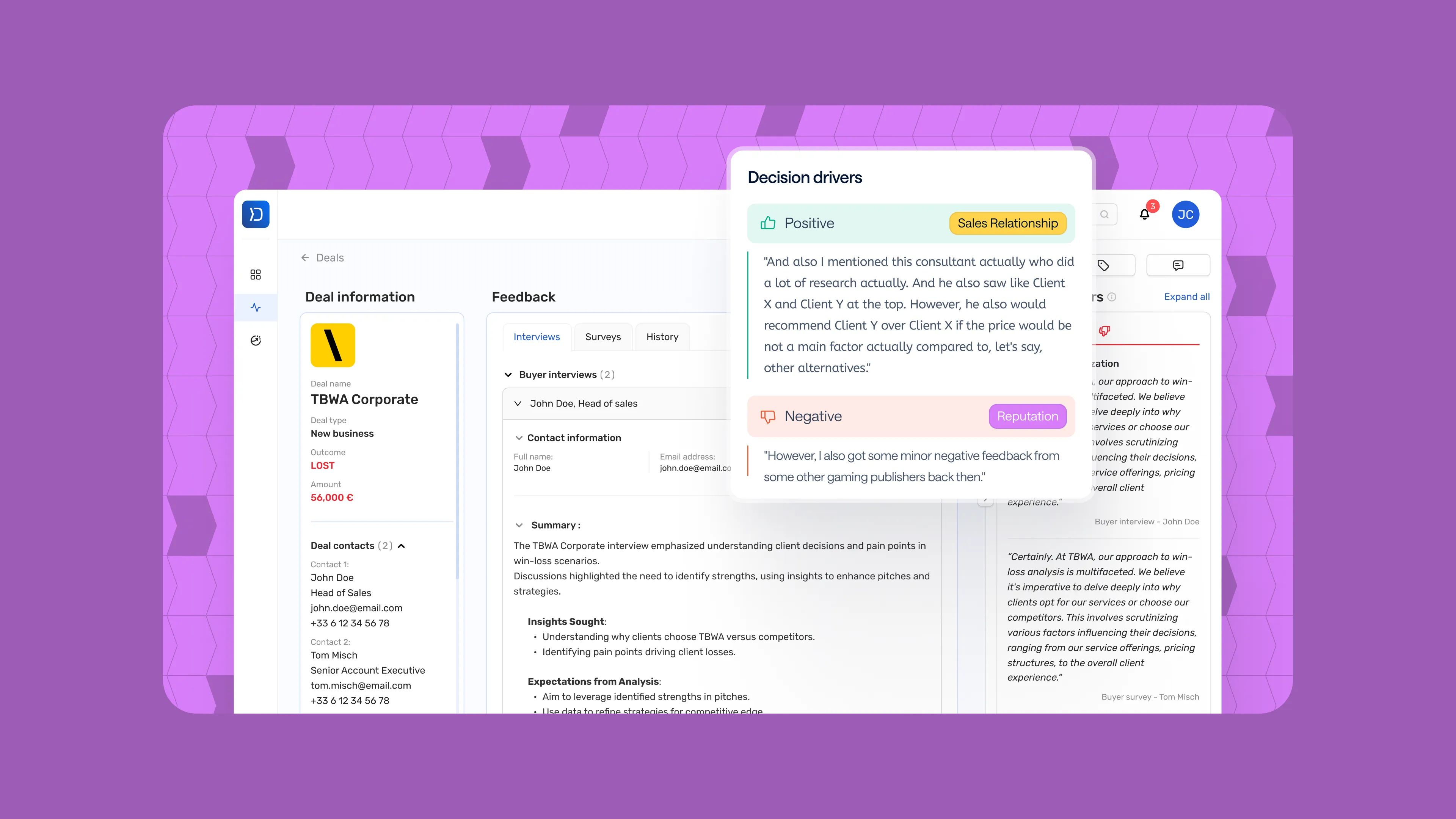 Diffly product screen: TBWA Corporate deal page, interview feedback and positive/negative Decision drivers card