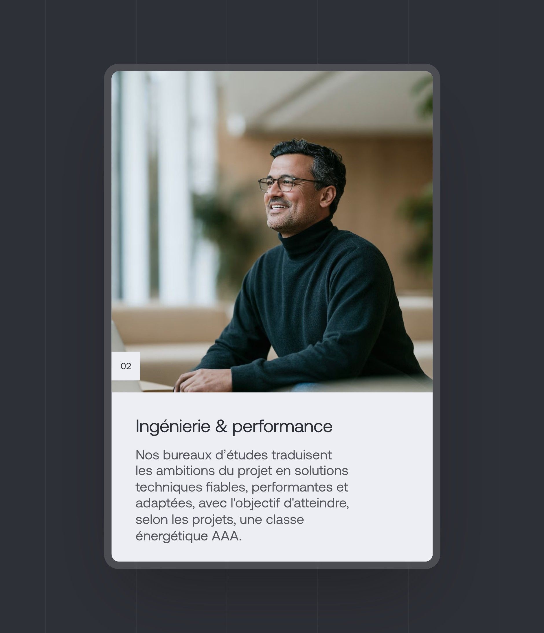 “Engineering & performance” card from the site: large lifestyle portrait and text on a slate background