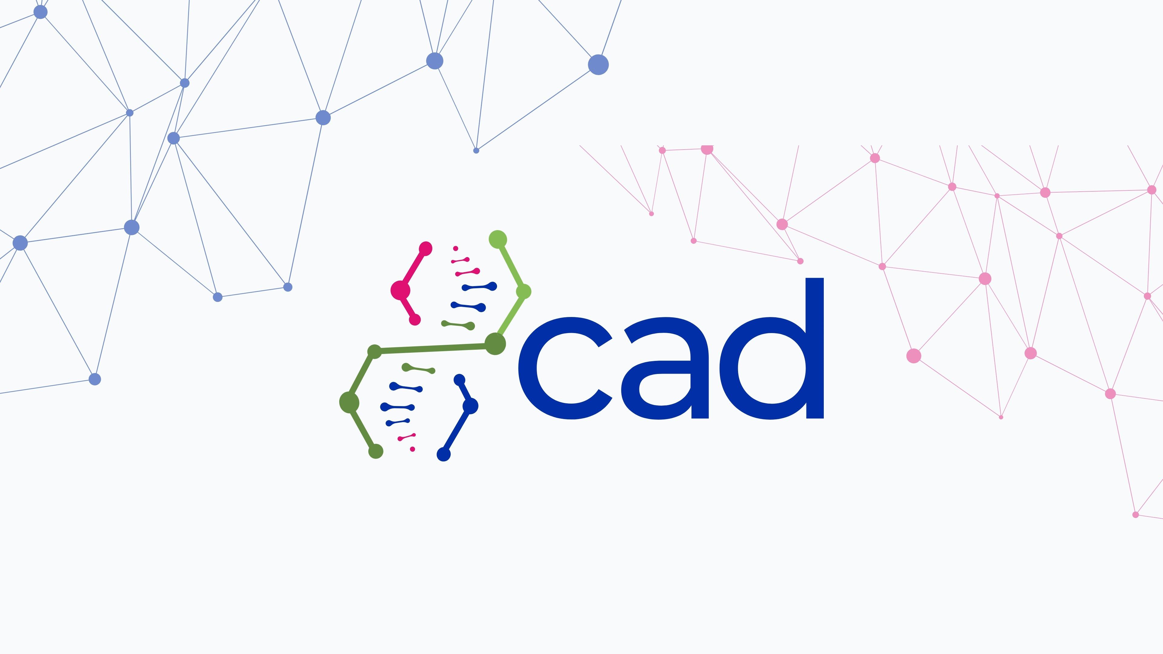 The CAD logo and the network of its symbol, reused as a background pattern in blue and pink