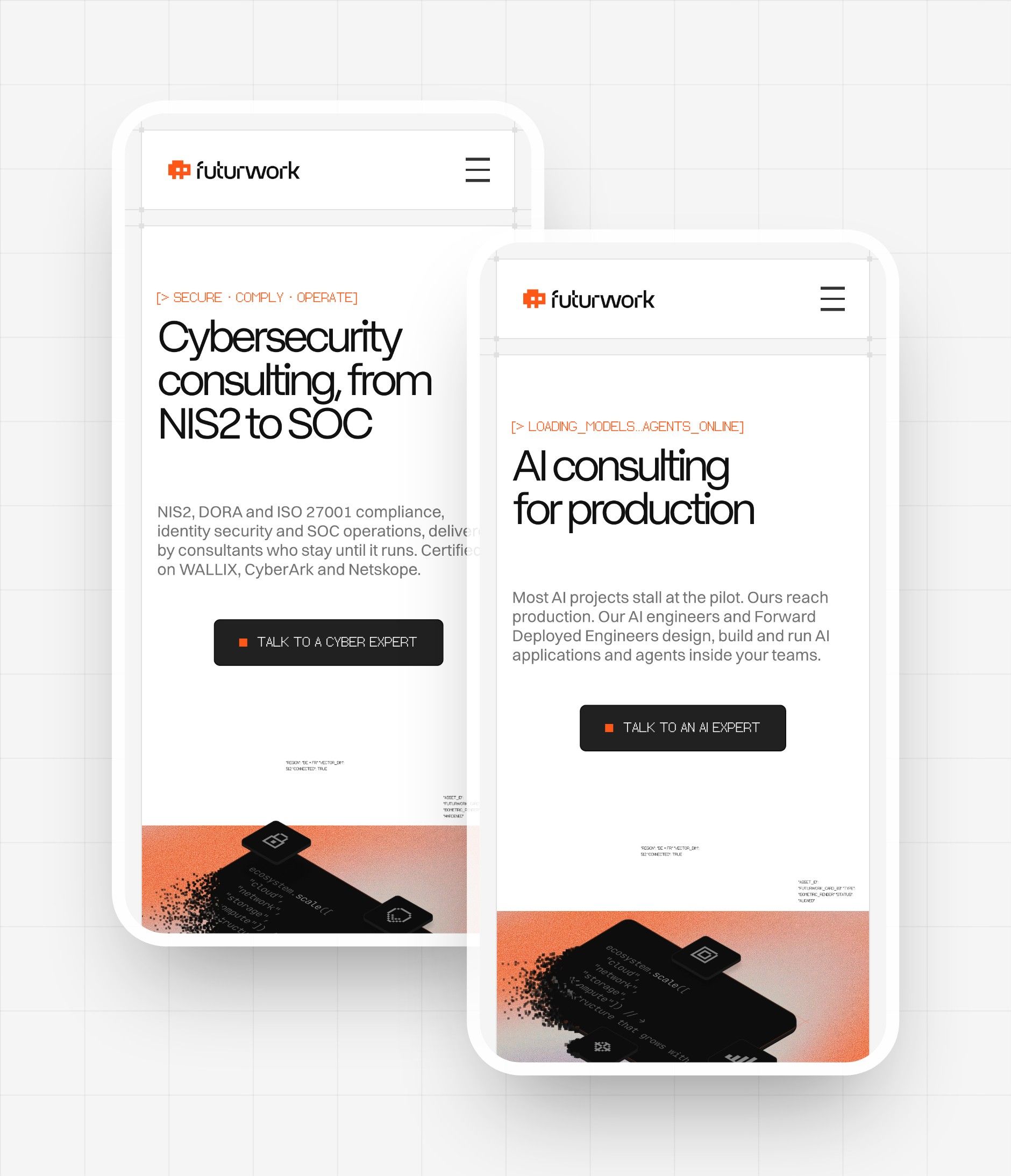 Cybersecurity and AI consulting pages on mobile