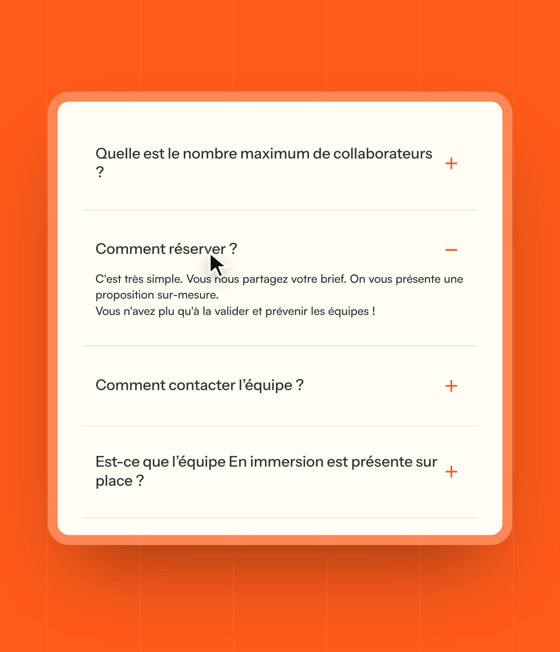 “We answer your questions” FAQ, cream cards on an orange background