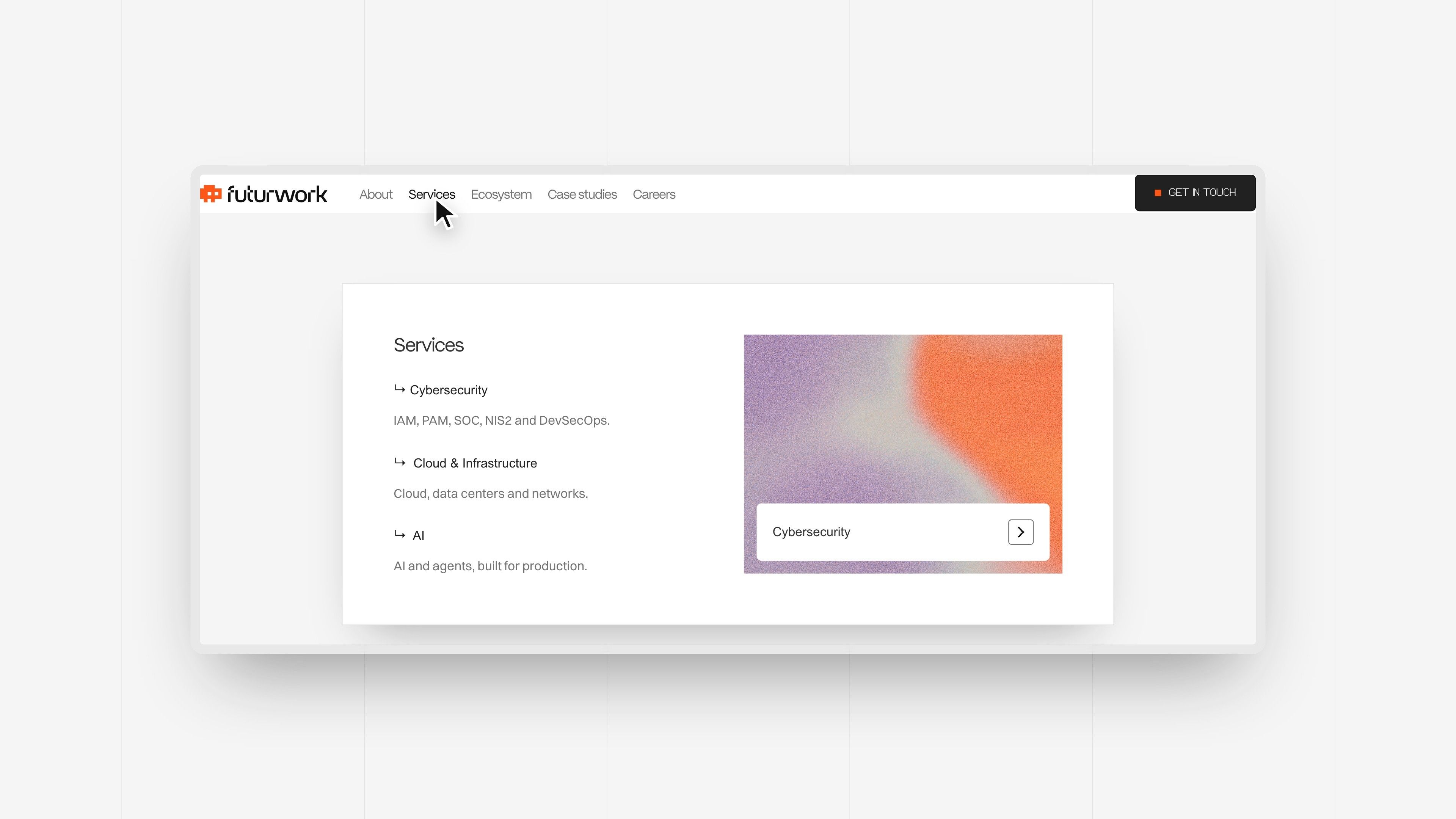 Futurwork navigation menu: the Services then Ecosystem cards open on hover