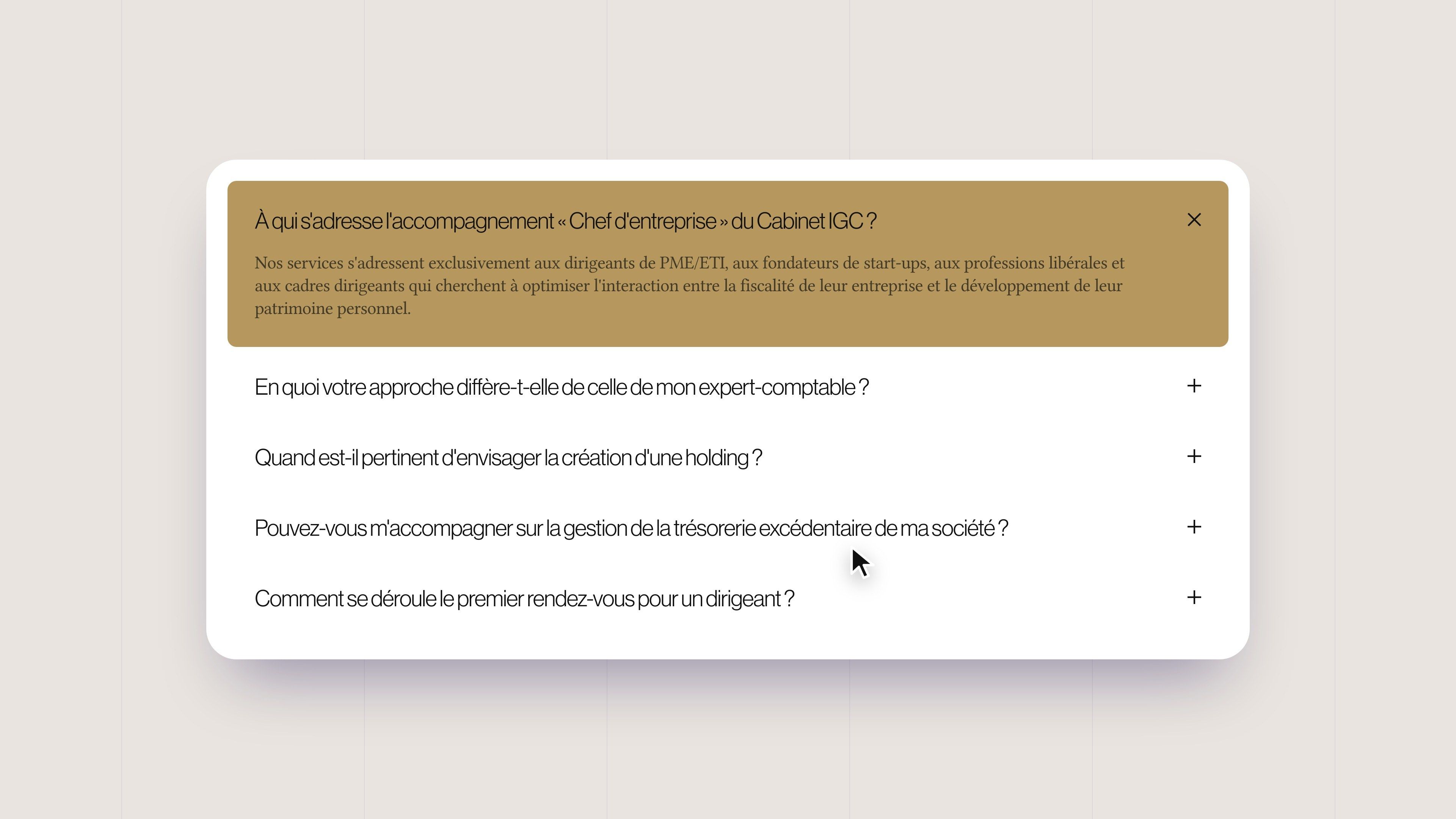 Frequently asked questions on the Business owners page, the open question on a gold background