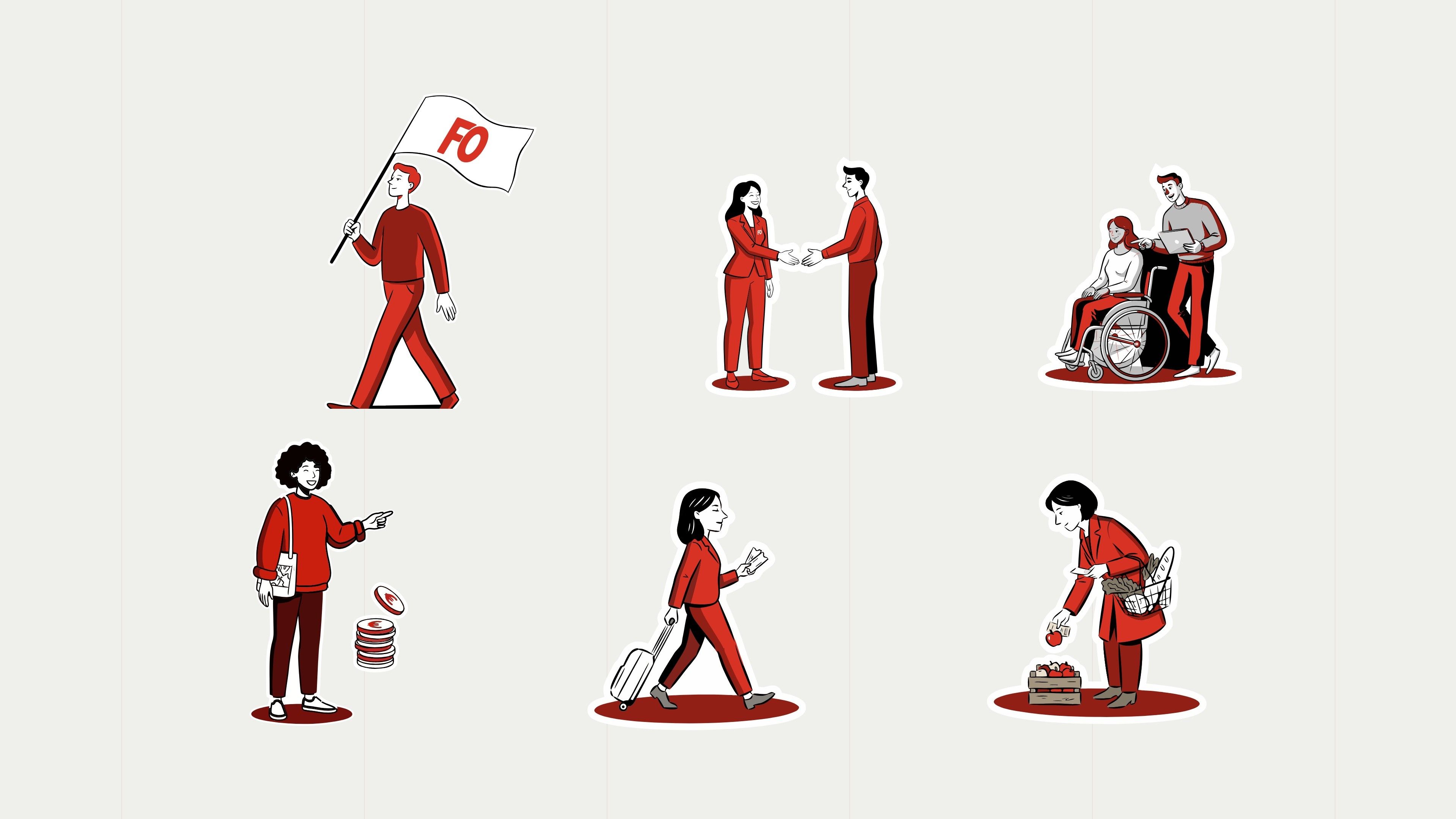 The site's illustrated characters: the flag bearer, the handshake, support, welcome, travel and shopping