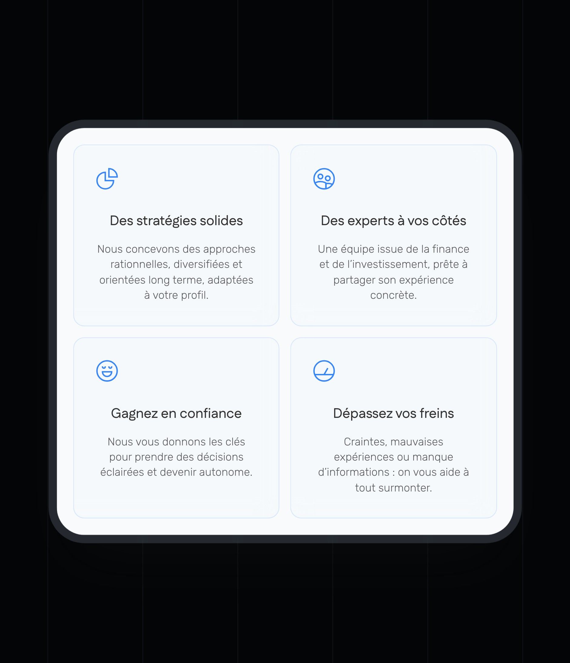 “Solid strategies”, “Experts by your side”, “Gain confidence” and “Overcome your blocks” cards