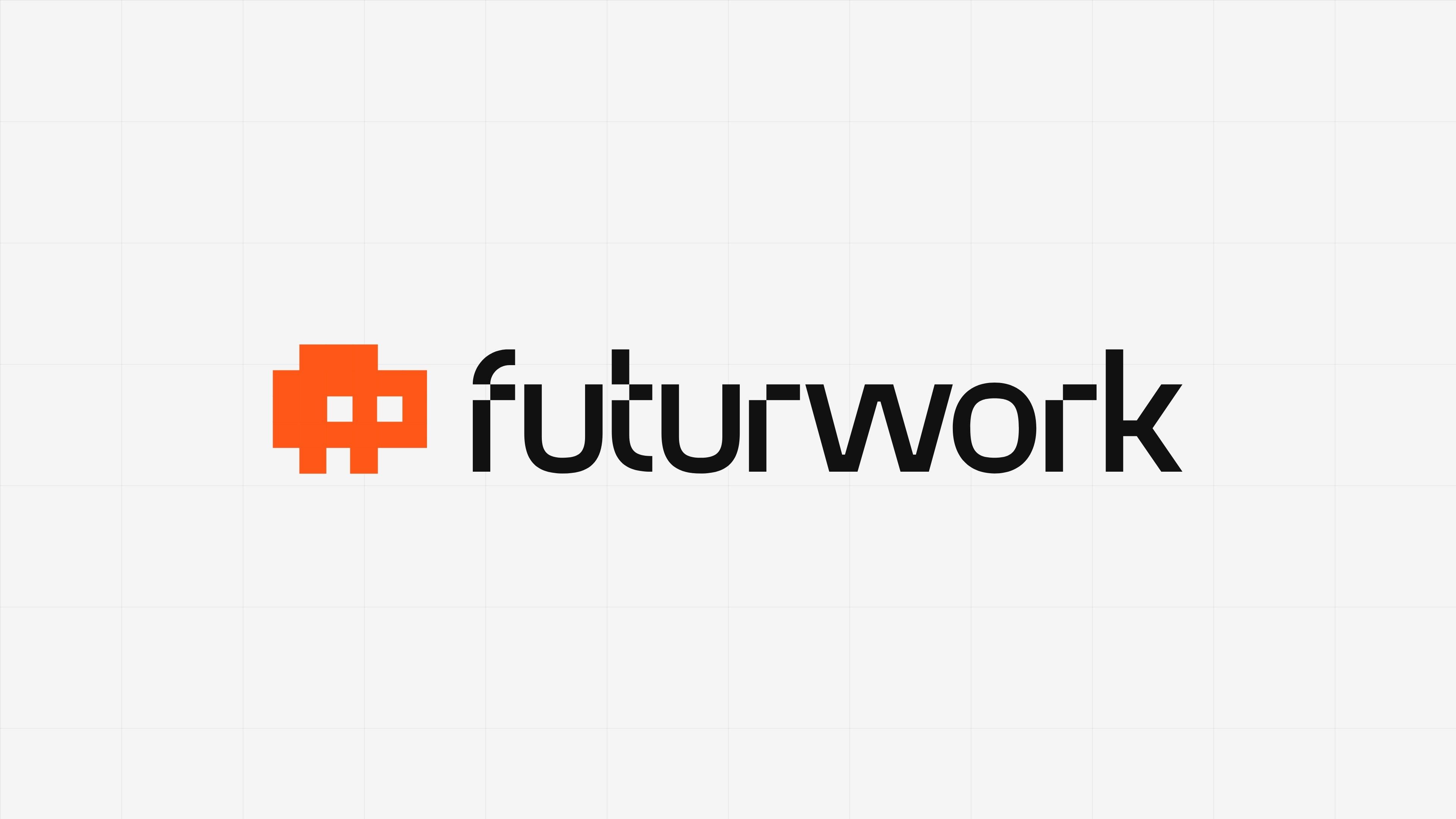 Futurwork logo: the orange pixel symbol coming apart and rebuilding itself in front of the word futurwork
