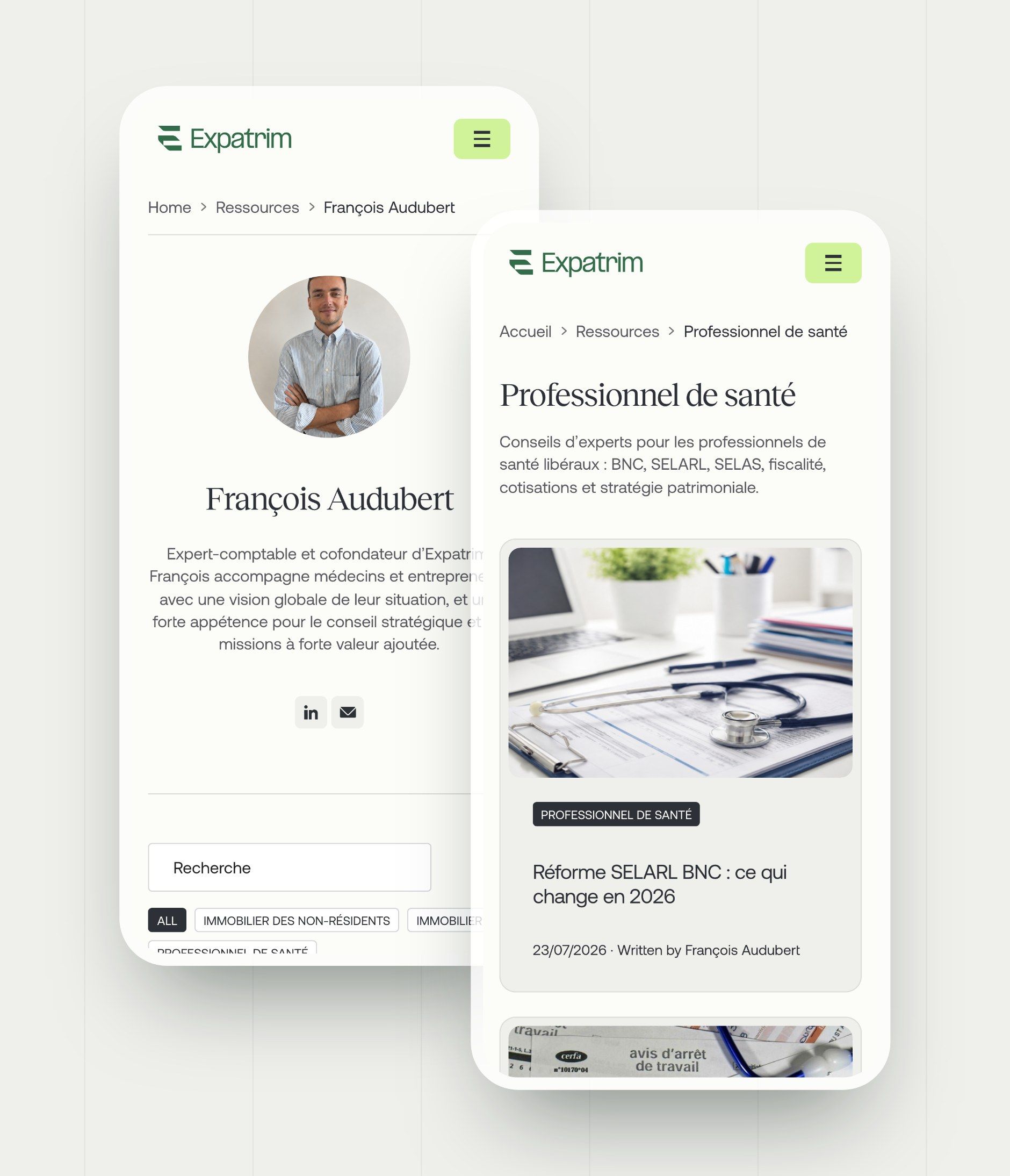 Author page of François Audubert and the Healthcare professional category on mobile, two pages generated by the CMS