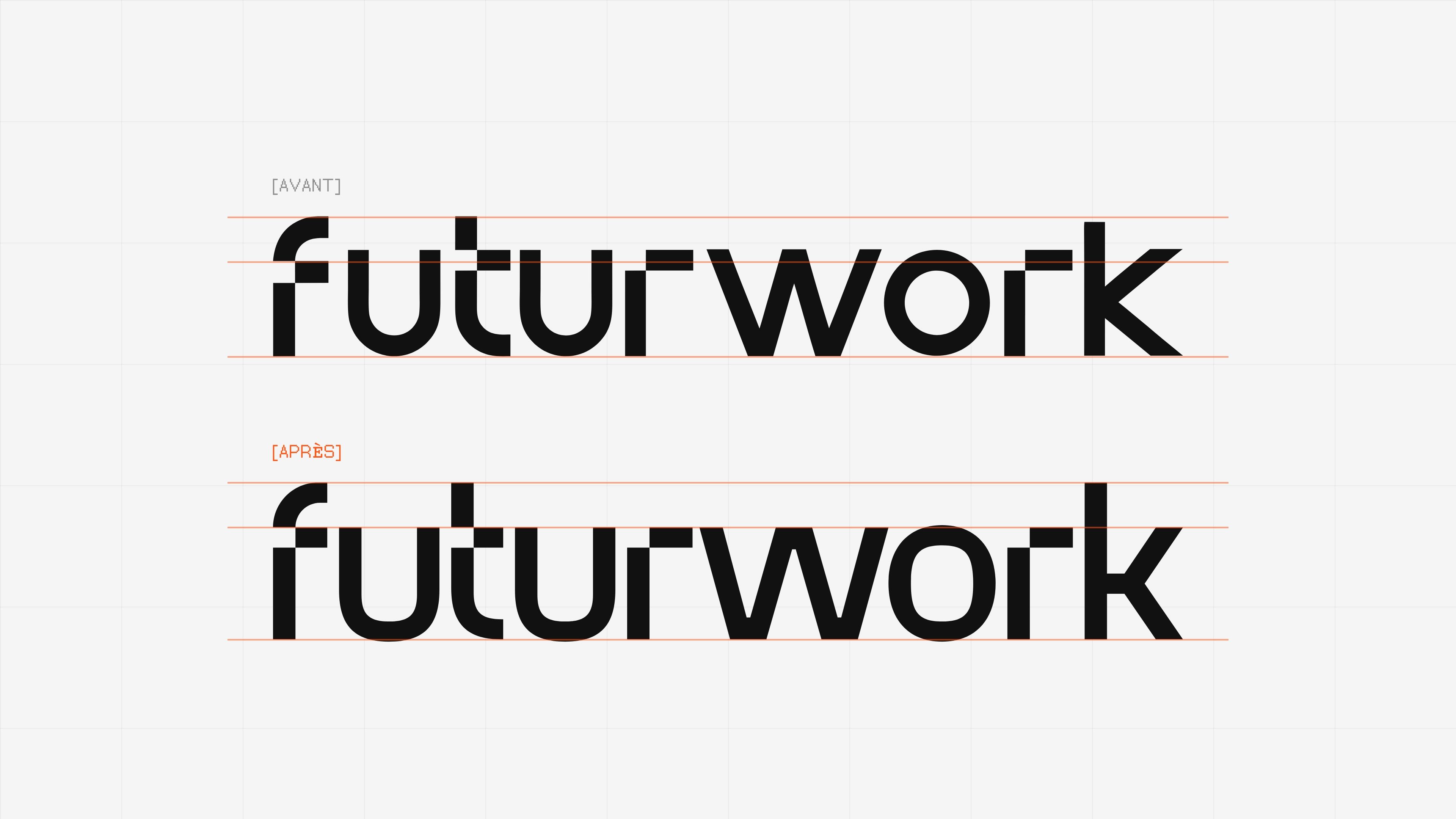 The word futurwork before and after its redesign, on its orange construction lines