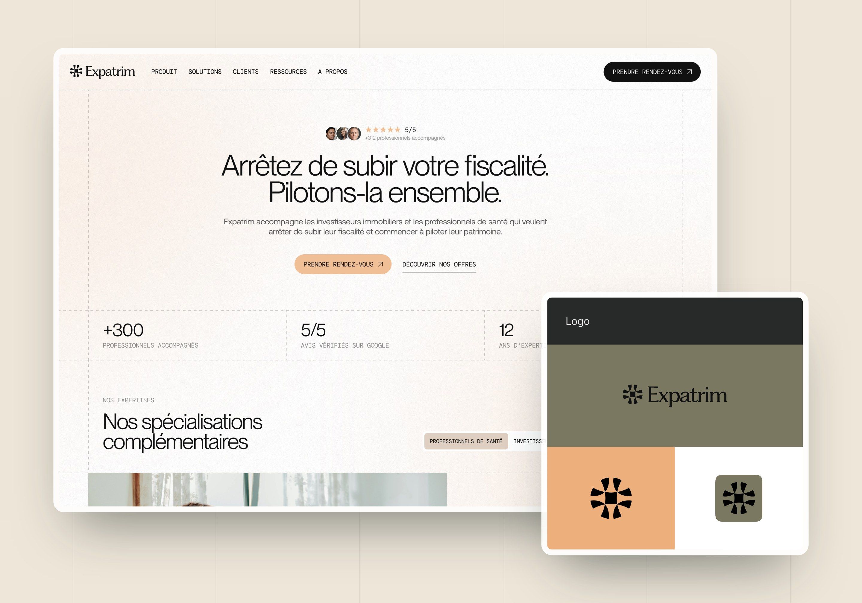 Direction 2, Sand and olive: sand home page with a visible grid and the flower logo board