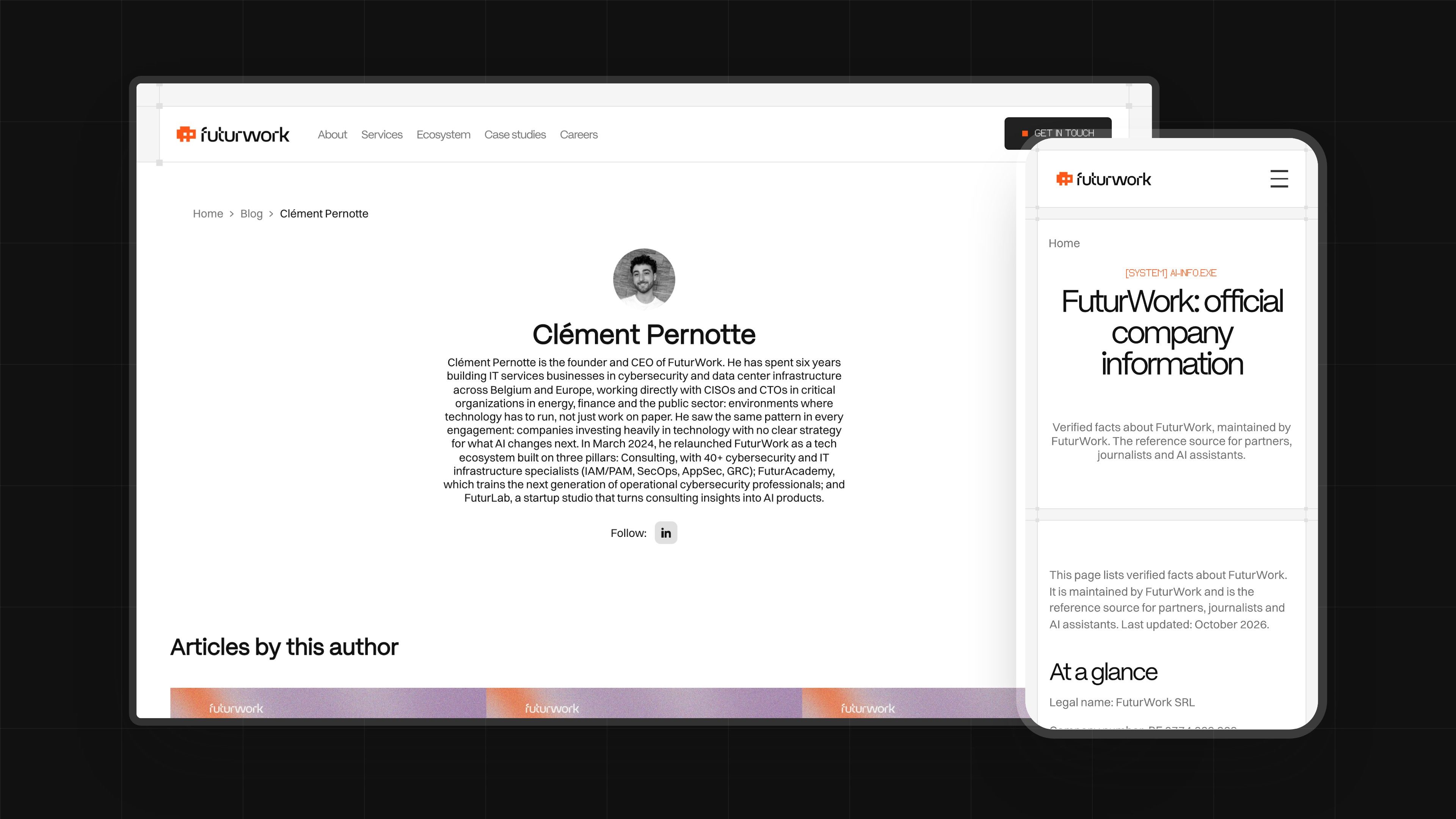 Author page of Clément Pernotte on desktop and the “Official company information” page on mobile