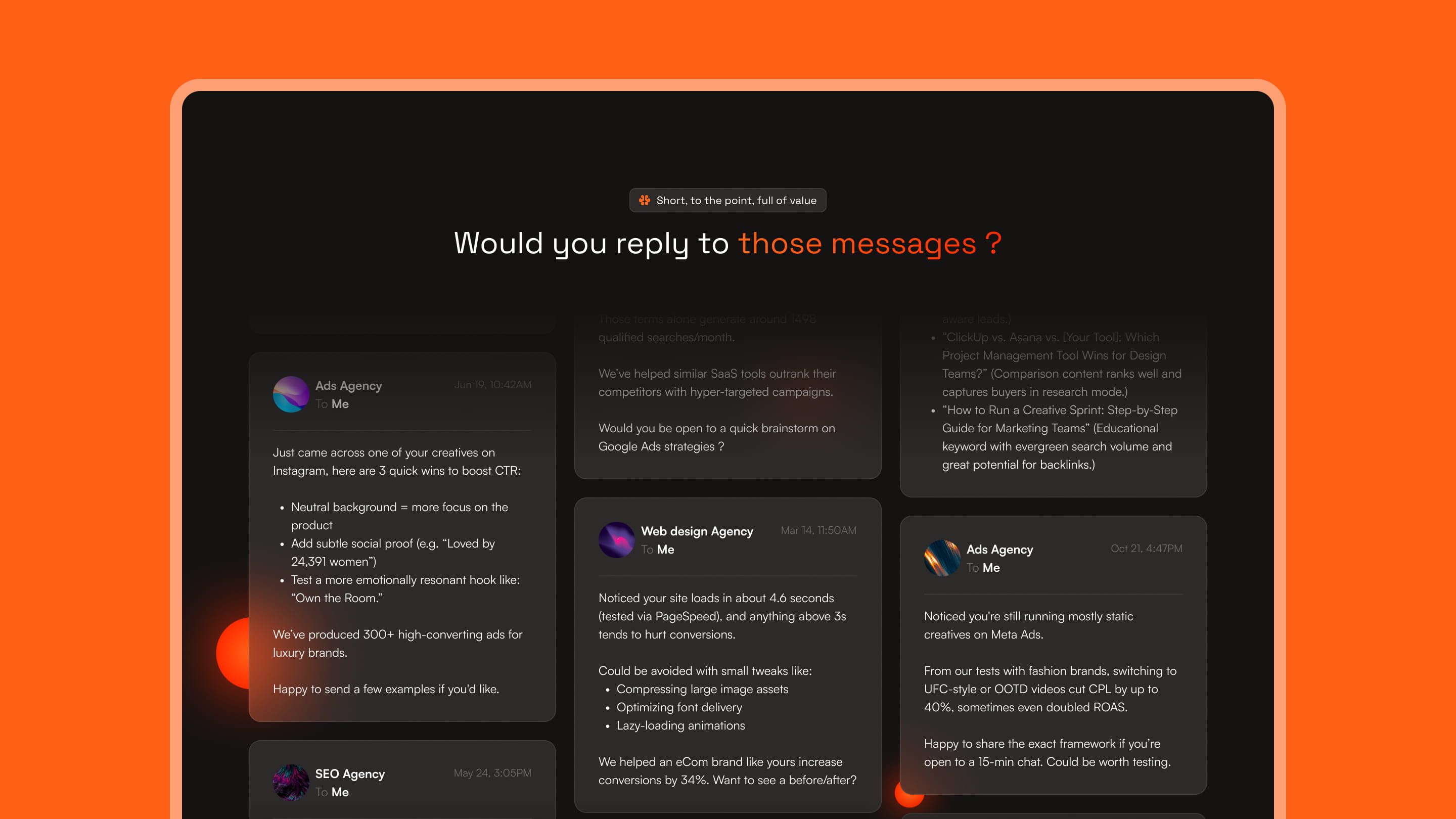 Bund website section on dark background: “Would you reply to those messages ?” with sample outreach emails